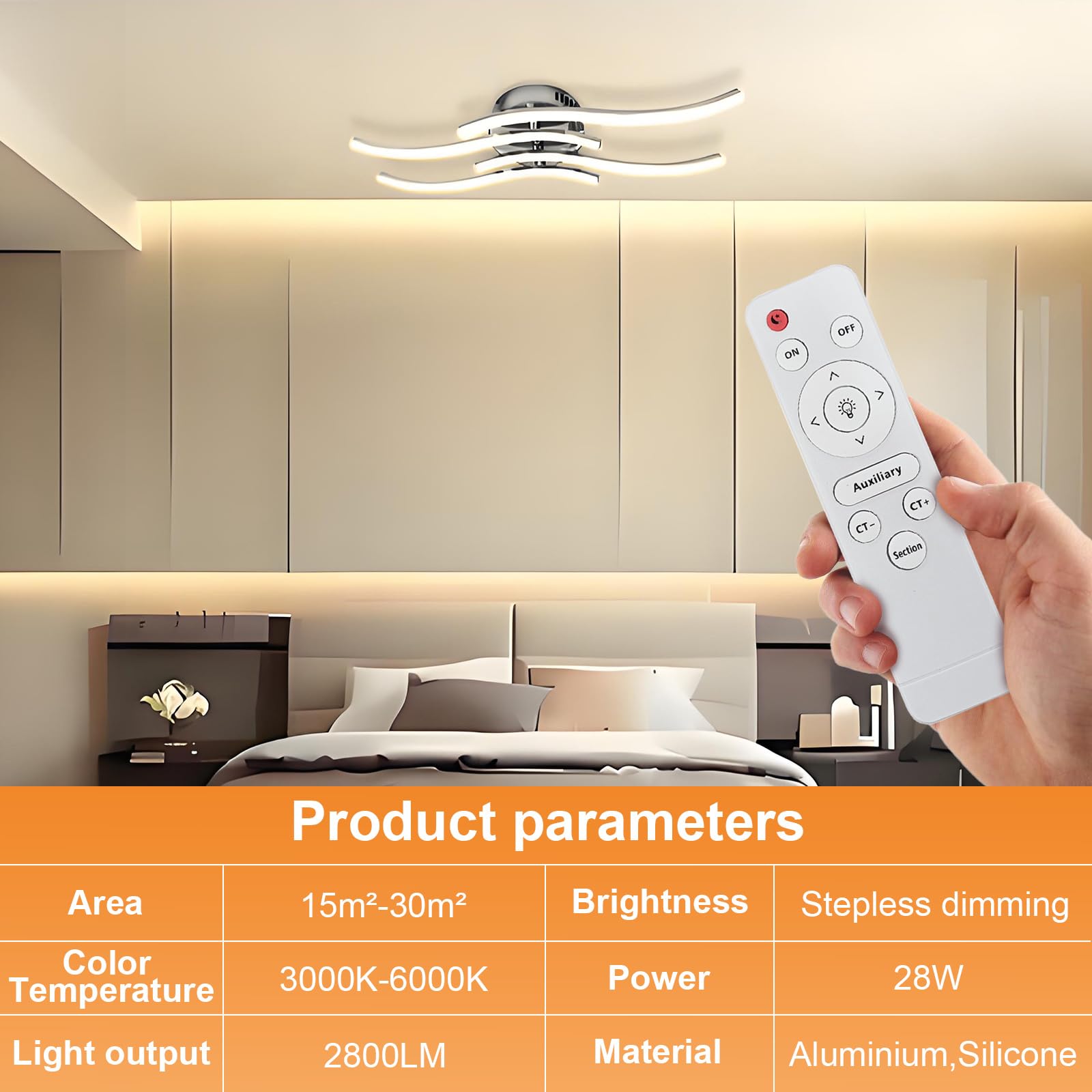 Plafoniera LED con Telecomando, Lampada Soffitto Dimmerabile, Moderno Cromato Curvo Lampadario, per Soggiorno, Camera da Letto Cucina, Sala da Pranzo (28W, 4 LED Montaggio Parallelo)