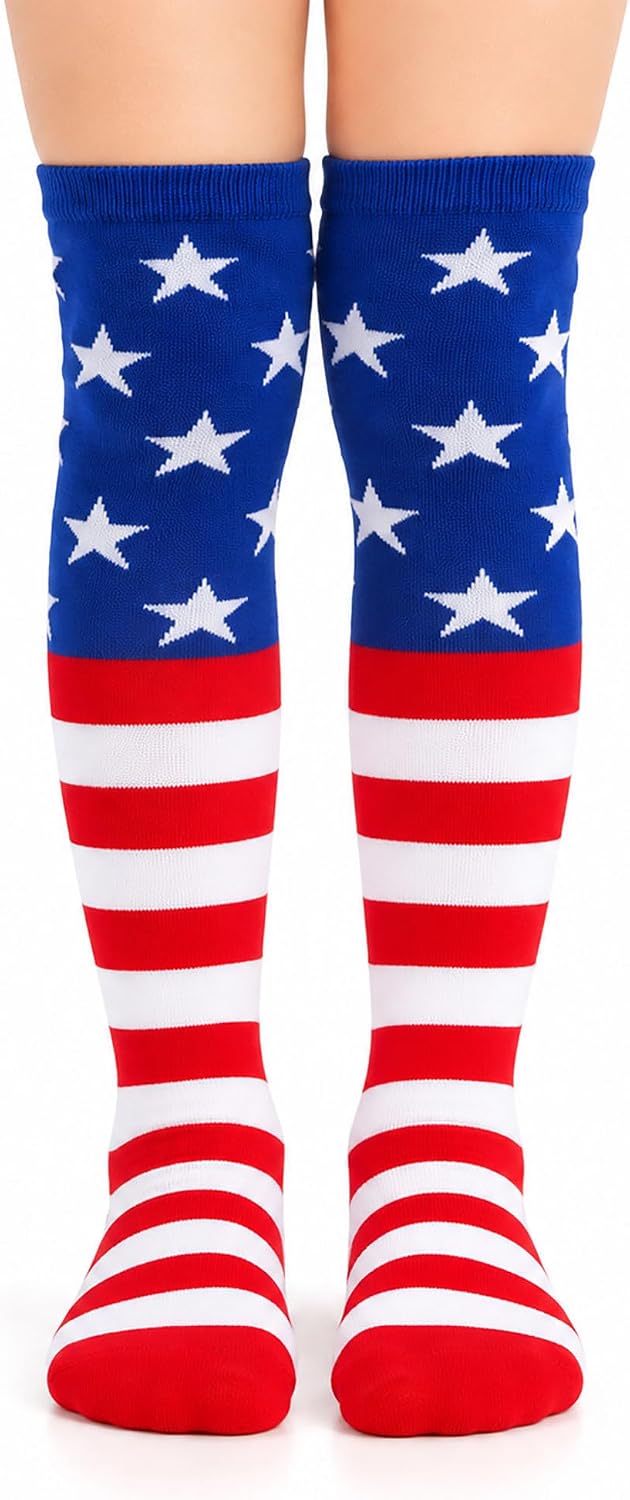 Youth Patriotic American Flag Knee High Socks Red White Blue 4th of July
