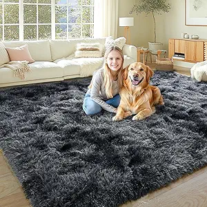 KING DARE 9x12 Area Rug for Living Room Plush Carpet, Soft Fluffy Shaggy Fuzzy Furry Large Tie-Dyed Black Gray Rug, Anti-Slip Washable Modern Floor Rug for Bedroom Home Aesthetic Decor