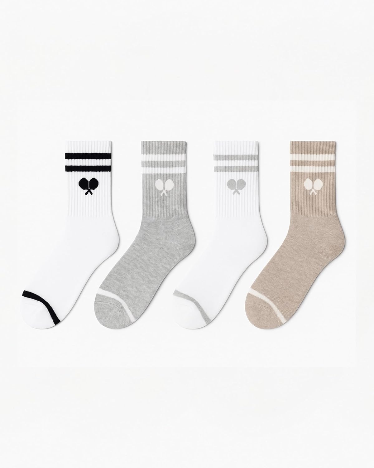 L'ORANGE Court Crew Pickleball Socks, Premium Cotton Athletic Crew Socks for Men & Women, White with Black Varsity Stripe, 4-Pack
