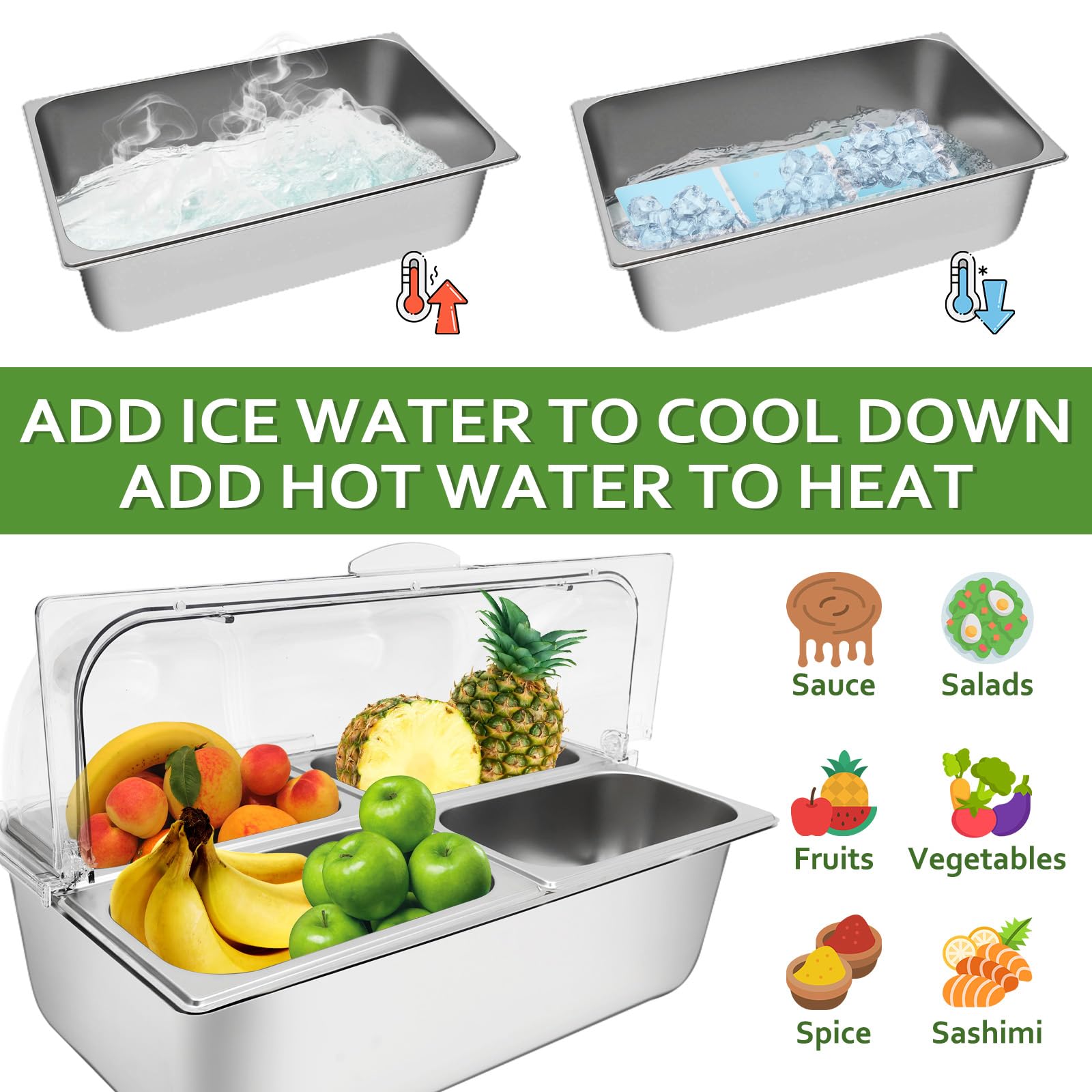 Contenedor de exhibición de alimentos para encimera, 4 sartenes con 3 paquetes de hielo, bandeja para servir alimentos fríos, dispensador de condimentos, ensalada, aderezo, aperitivos,