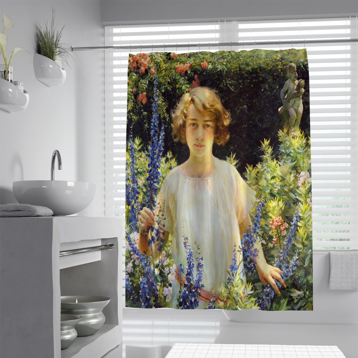 Klassischer Cottage Garden Duschvorhang Betty Gallowhur Ölgemälde Badevorhang Vintage-Impressionismus Stoff-Badezimmerdekoration 180 x 220 cm