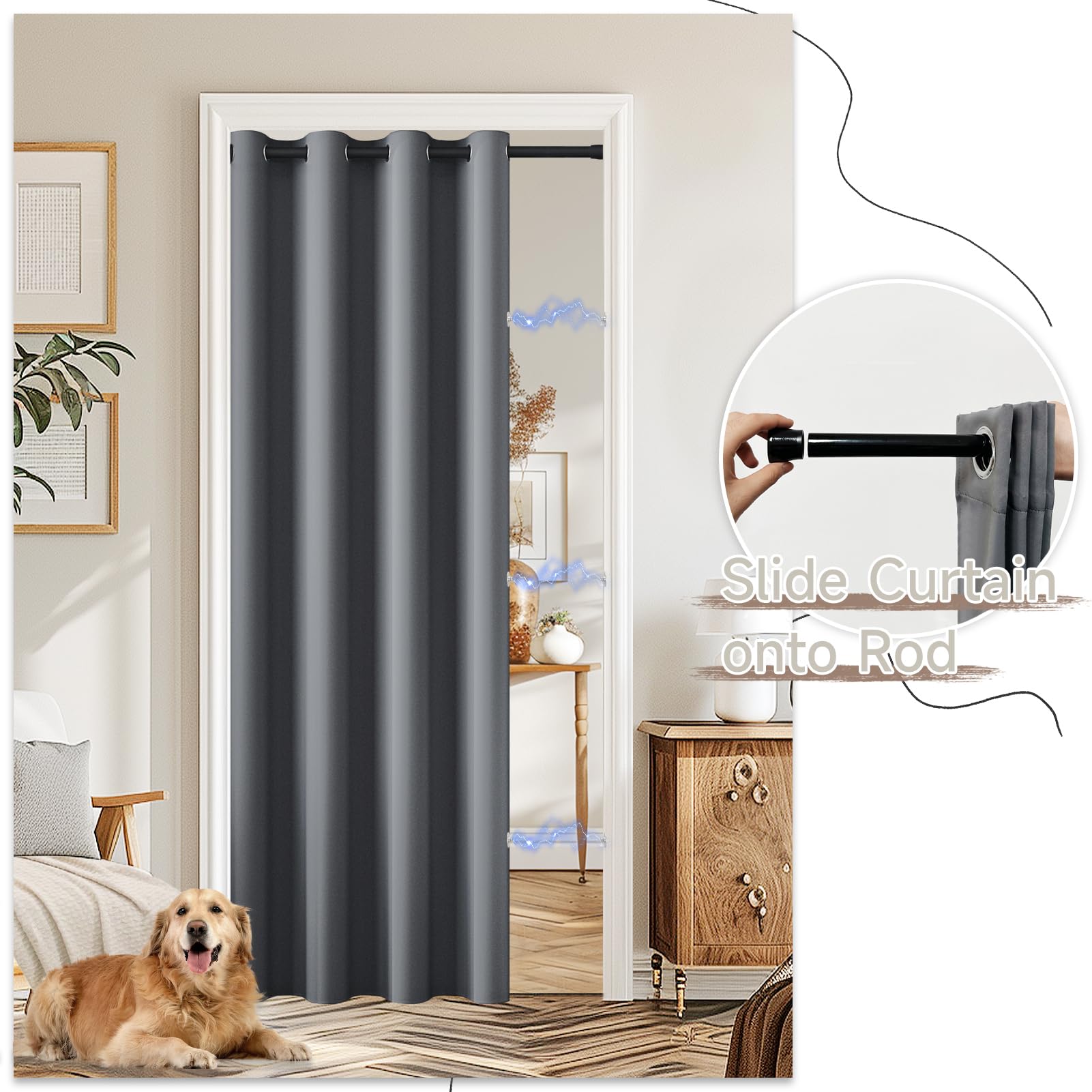 Tenda per Porta Tenda Oscuranti con Asta Telescopica, Tende Termiche Isolanti per Interni, Tende Oscurante Grigio con Anelli per Soggiorno,1 Pezzo 132x195cm, Tenda Grigio