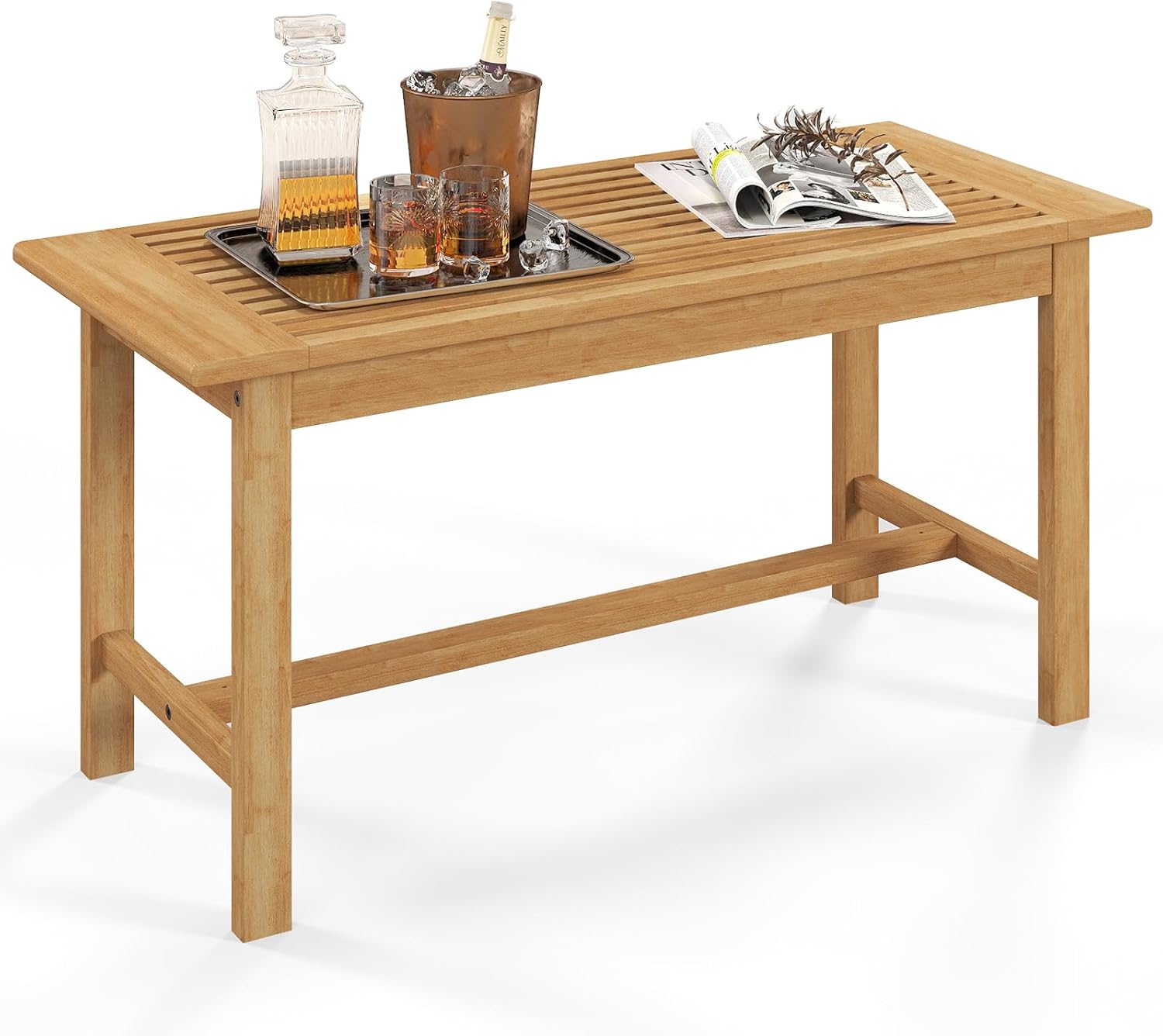 Tangkula 36” Patio Coffee Table, Solid Wood Coffee Table with Slatted Tabletop, Outdoor Rectangular Side Table, Solid Teak Wood Cocktail Tea Table, Home Accent Table for Poolside, Backyard, Garden