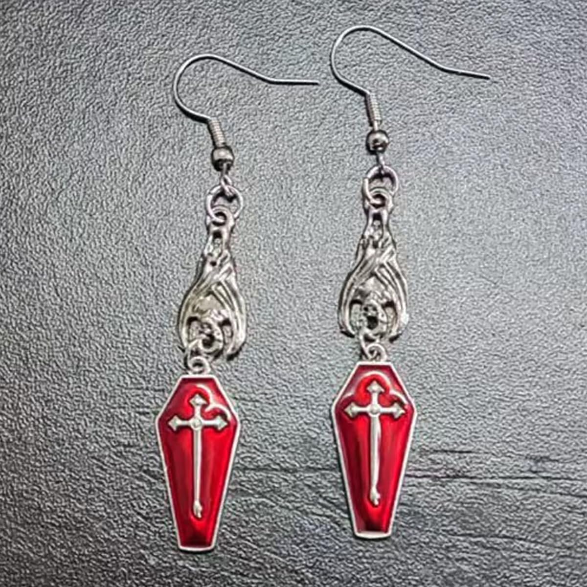 Gothic Bat Earrings for Women Vintage Red Crystal Coffin Heart Devil's Eye Cross Drop Dangle Earrings Victorian Style Vampire Bat Earrings Goth Mysterious Halloween Party Jewelry - Image 2