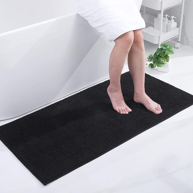 Smiry Non Slip Chenille Bath Mat, 60 x 120 cm, Extra Soft Large Bathroom Mat Runner, Highly Absorbent Bath Mats for Bathroom Floor, Machine-Washable Quick Dry Foot Mat, Black