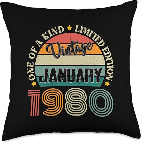 Vintage Birthday Retro Limited Edition Retro Gifts 44 Year Old Vintage January 1980 44th Birthday Retro Throw Pillow, 18x18, Multicolor