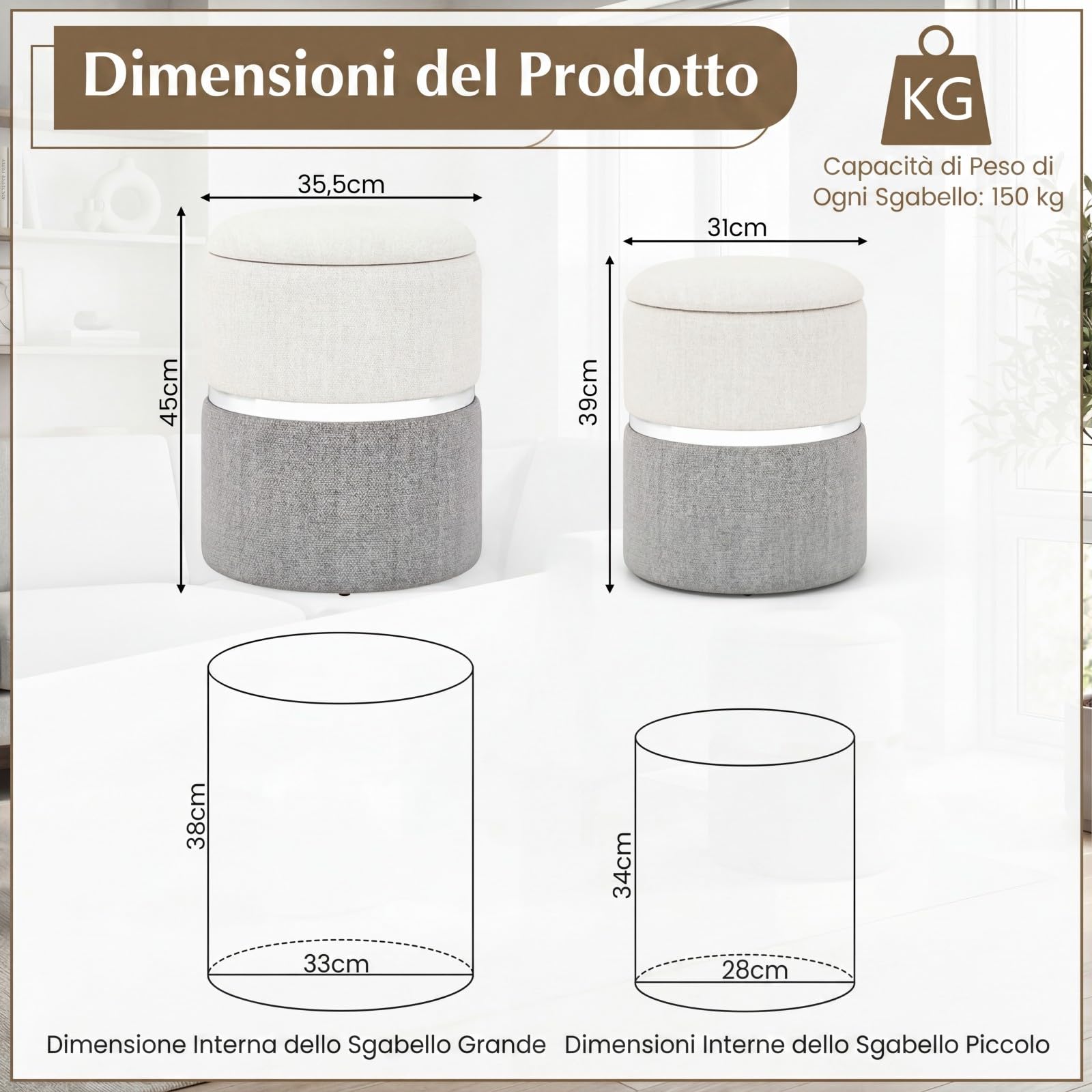 COSTWAY Set di 2 Pouf Contenitore in Velluto, Pouf Rotondi Imbottiti da 32L +21L, Sgabelli con Contenitore per Soggiorno, Camera da Letto, Portata 150 kg (Grigio)