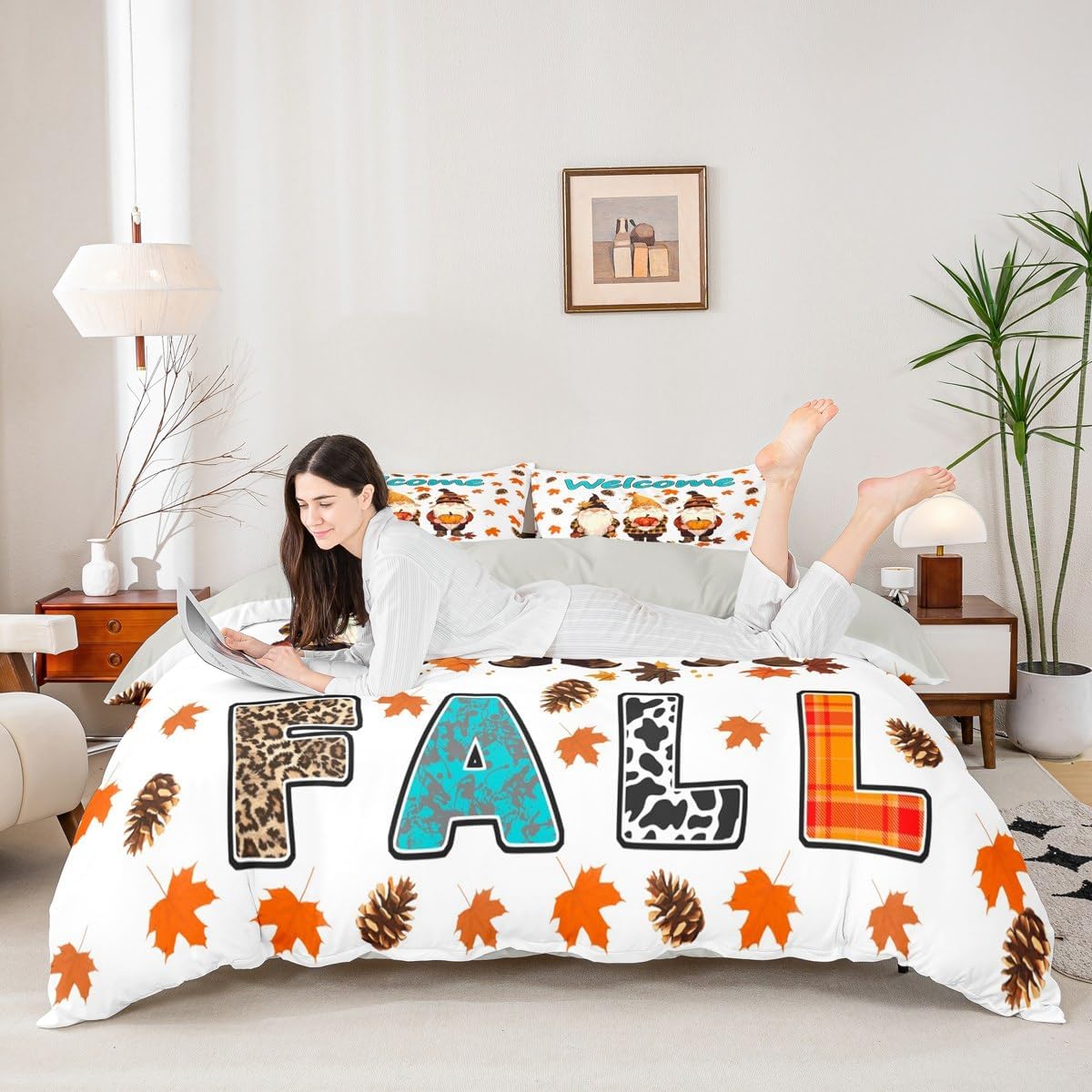 Castle Fairy Autumn Gnome Duvet Cover Toddler Size,Happy Fall Themed Comforter Cover with 1 Pillowcase,Rustic Fallen Leaves Bedding Set 2pcs,Vintage Country Decor Quilt Cover,Not Comforter