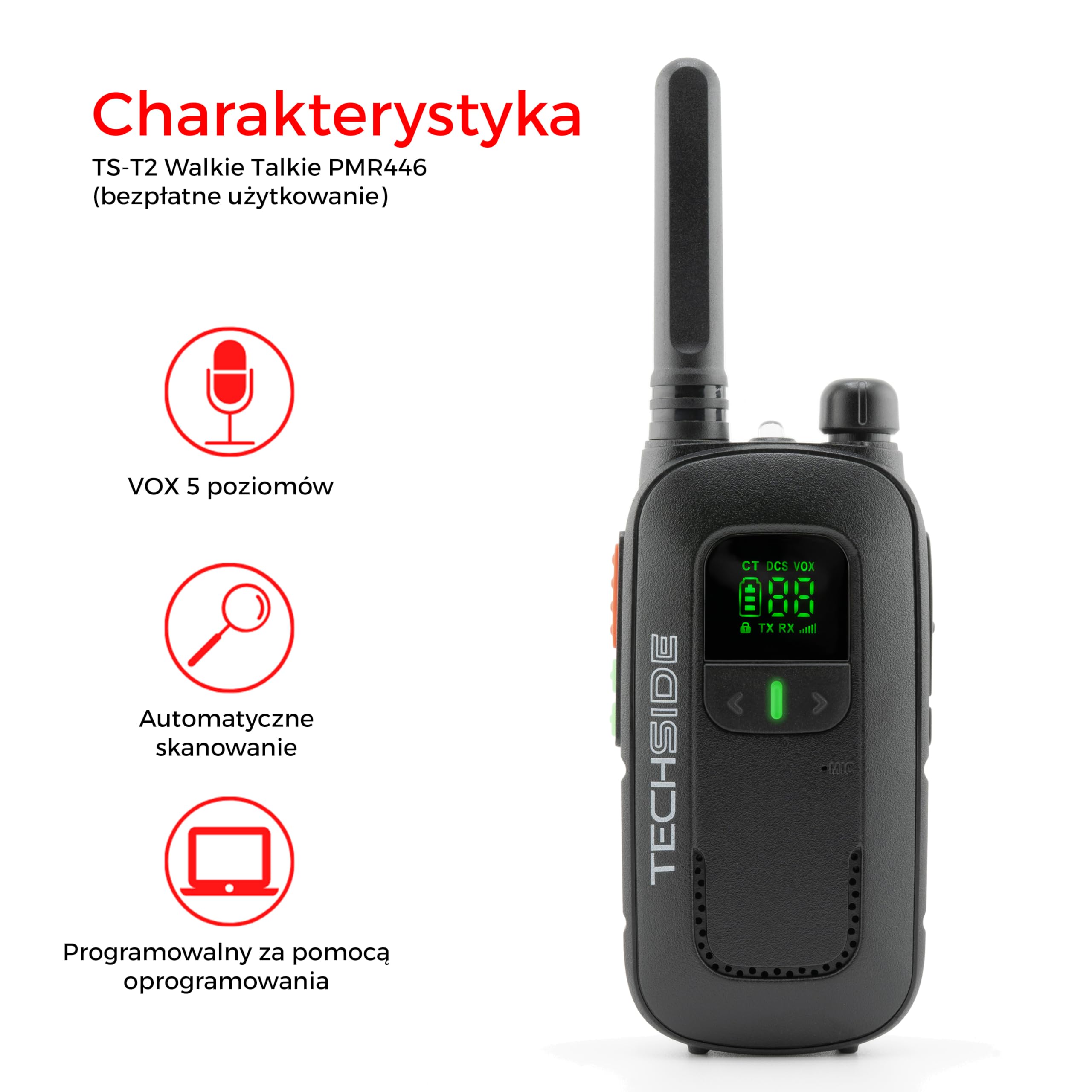 Techside TS-T2 Profesjonalna Krótkofalówka Walkie Talkie PMR446 16 Kanałów (Bez Zezwoleń) | VOX 5 Poziomów | Automatyczne Skanowanie Kanałów | Słuchawka i Ładowarka USB Pełny Zestaw | Zestaw 4 szt.