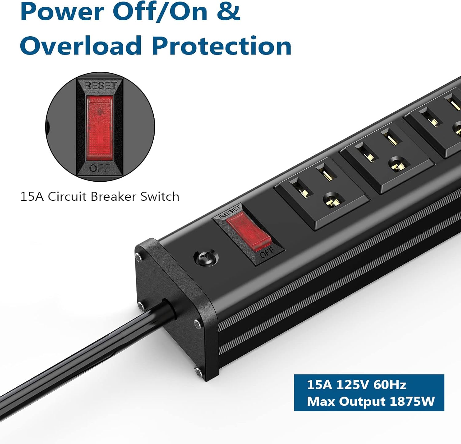 BTU 16 Outlet Power Strips, Extra Long Power Strip with 10ft Cord, Metal Heavy Duty Power Strip Wall Mount, Garage Workshop Commercial Industrial Power Strips with Circuit Breaker Switch (Black)