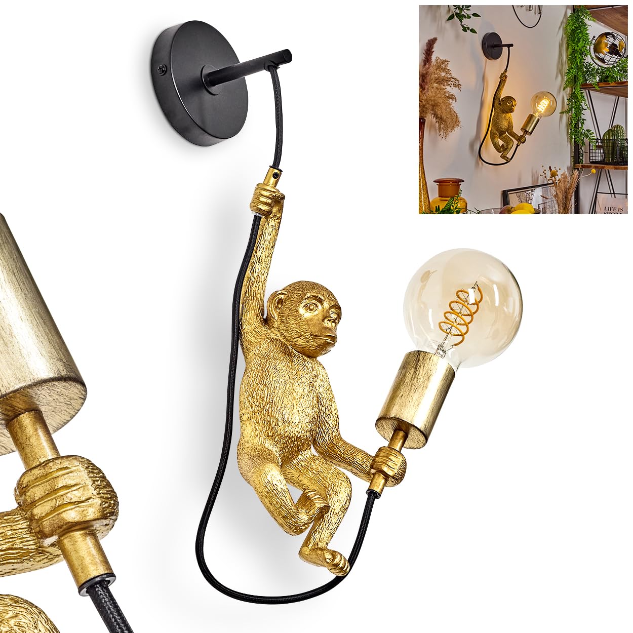 Wandleuchte Suardi, Wandlampe aus Metall/Kunststoff in Schwarz/Goldfarben, 1-flammig, 1 x E27, ohne Leuchtmittel, Wandspot im Retro/Vintage Design mit Figur eines Affen
