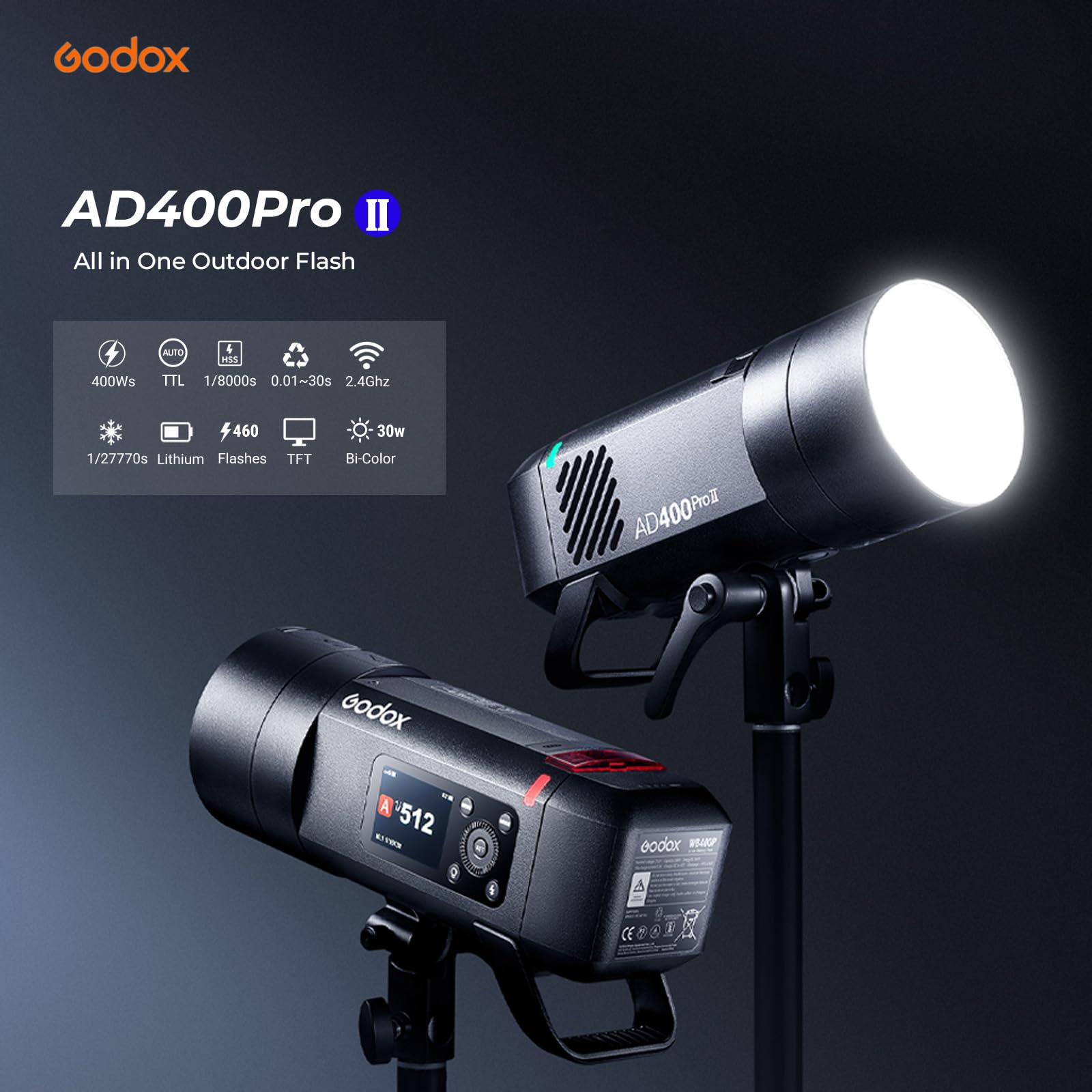 Godox AD400 Pro II Flash 400Ws TTL, AD400Pro II 2.4G HSS 1/8000s Flash con Luz de LED Bi-Color 30W, Montura Bowens/Godox,460 Disparos a Potencia Completa,Compatible con Canon Nikon Sony Fujifilm y más