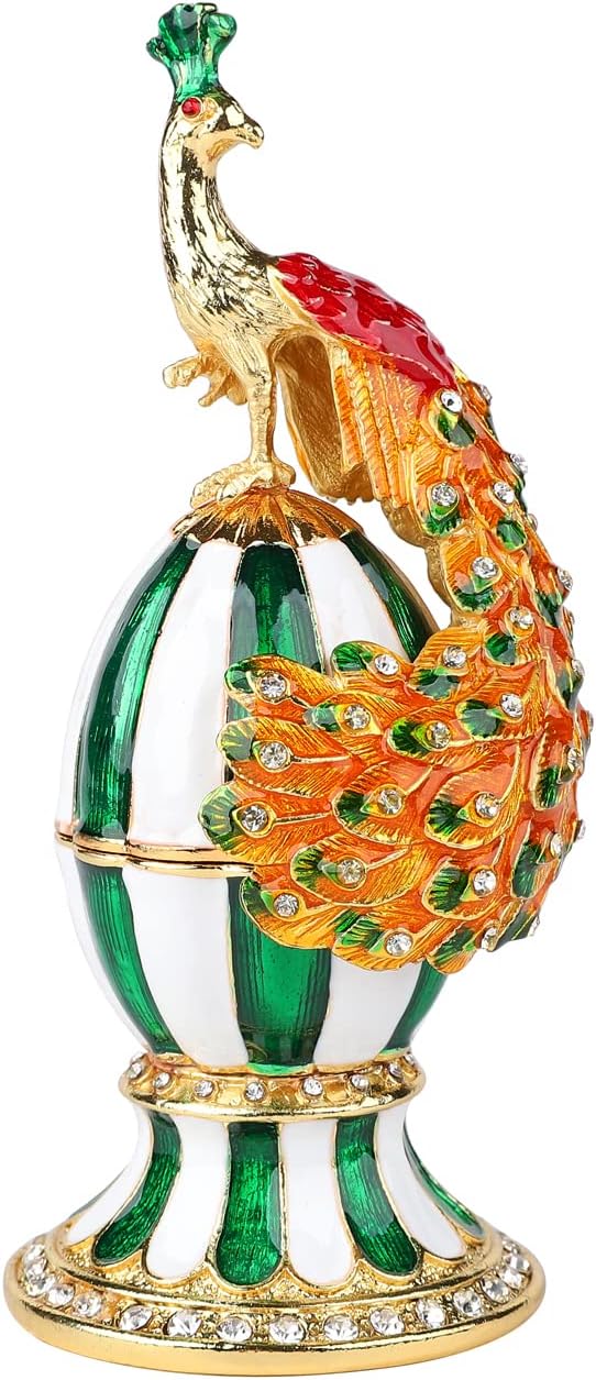 Furuida Peacock Faberge Egg Trinket Box with Hinged Enameled Jewelry Box Animals Ornaments Craft Gift for Home Decor