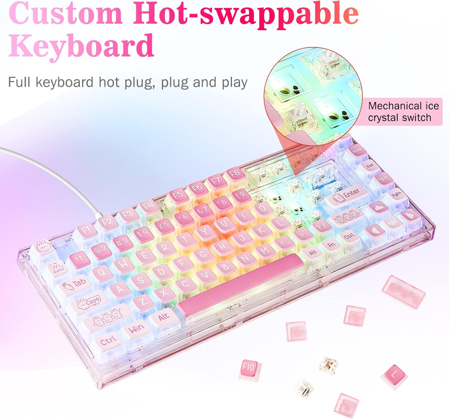 CHICHEN Mechanical Gaming Keyboard,Cool RGB Backlit,2.4Ghz Wireless/Bluetooth/USB-C,Hot Swappable 80% Keyboard with Ice Switch, Triple Modes Keyboard for Windows/Mac (Translucent Frosted Pink)
