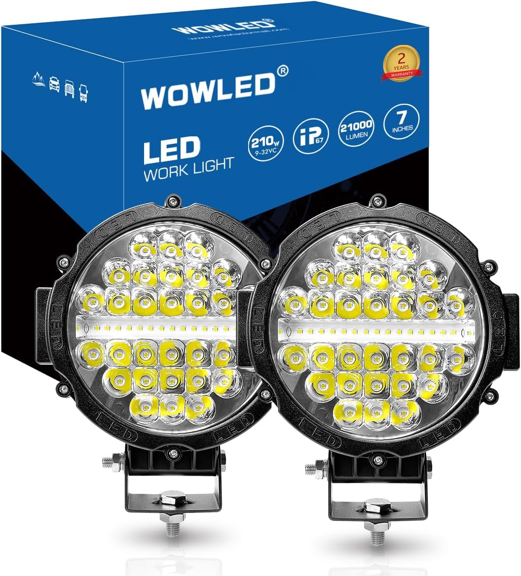 7 Inch Round Off Road Lights, 2 Pack LED Work Light 12V Offroad Car LED Spot Driving Lights 21000LM Pair, Truck ATV UTV RV Car Fog Tractors Spotlights Combo Beam 4x4 12V 24V