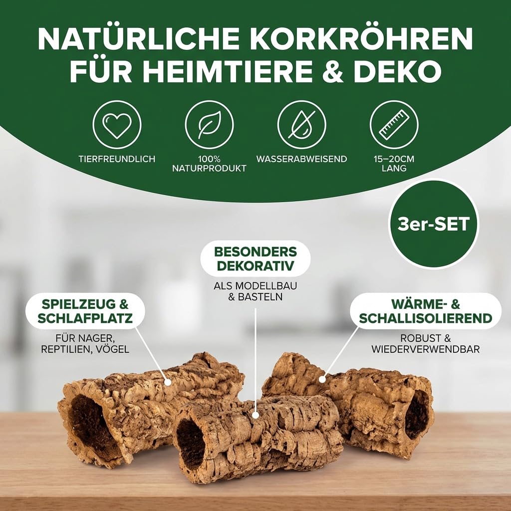 Corteccia di quercia da sughero, 3 pezzi, 15-20 cm, lunghezza circa 3-7 cm, diametro interno in sughero, corteccia naturale, terrario, decorazione per modellismo