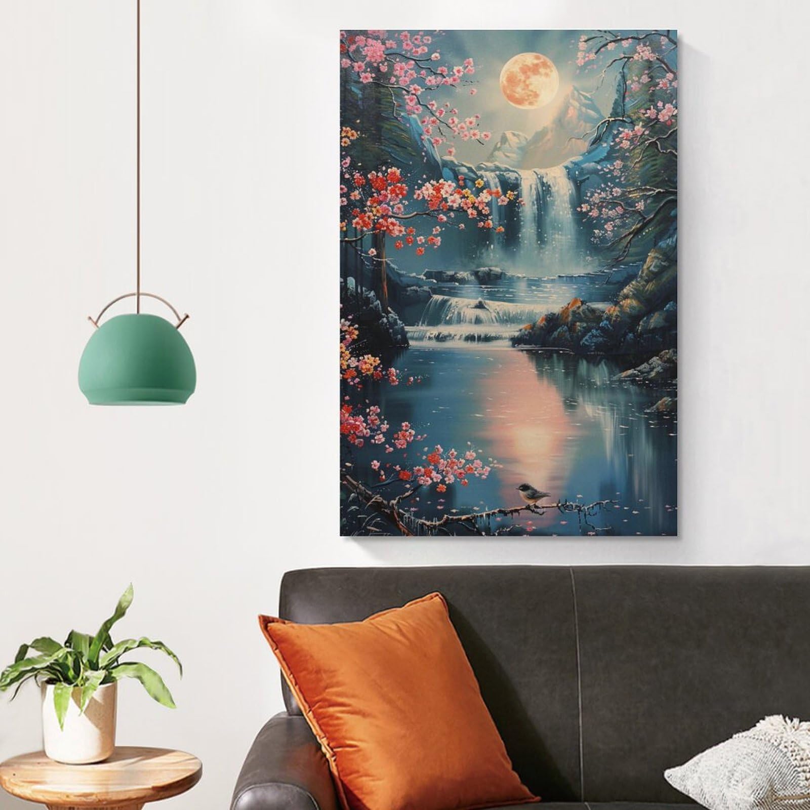 Amazon.co.jp: 絵画 明るい月の下で滝と花と鳥の美しい景色インテリア