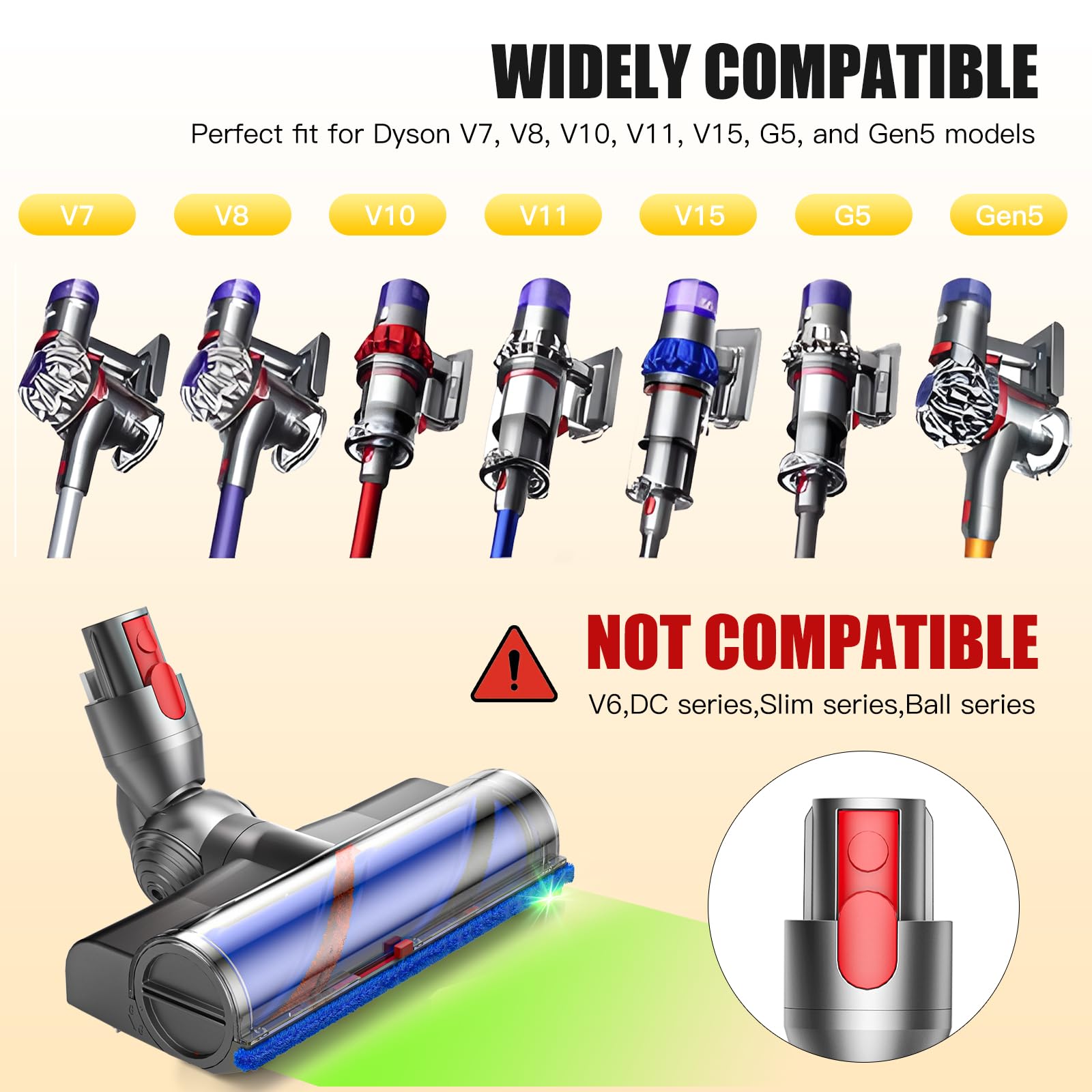 Testina elettrica migliorata per Dyson V7 V8 V10 V11 V15 - bocchetta di ricambio diretta con luci a LED, spazzola motore anti-groviglio per pavimenti duri e tappeti, chiusura rapida - 2