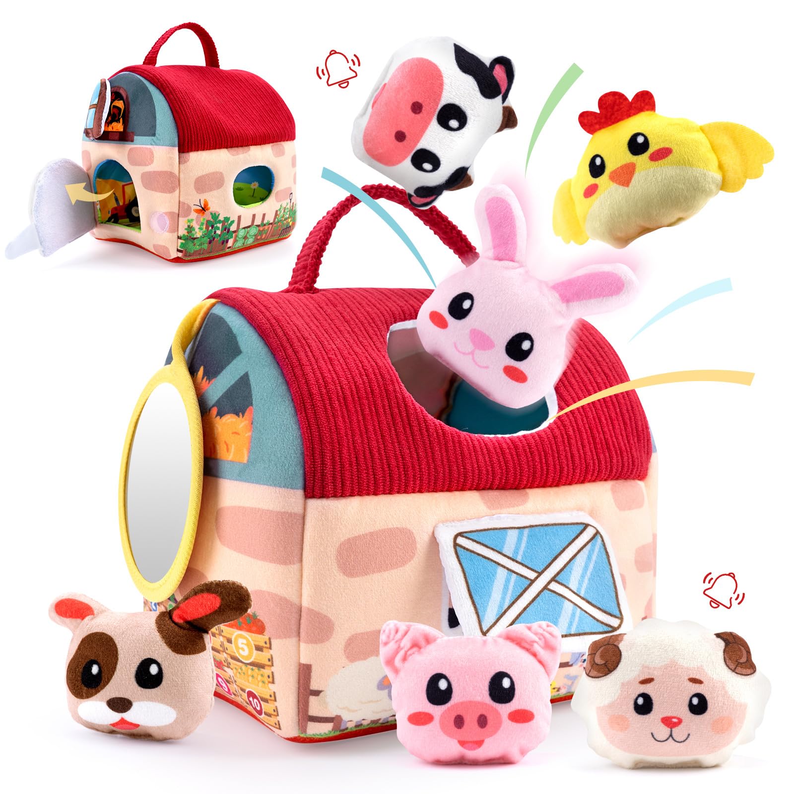 Baby Toys 6-12 Months, Plush Barn with Stuffed Farm Animals with Rattle, Mirror and Crinkle, Farm House Sensory Toy for Newborn Boy&Girl, Montessori Toy or Toddlers 1-3