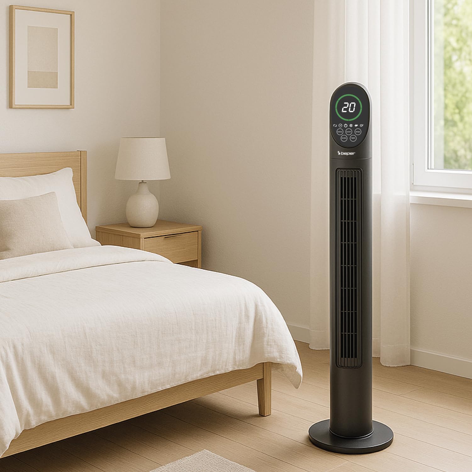 BEPER P206VEN310 Ventilador de torre digital de lujo con control remoto, silencioso, 3 velocidades y 3 modos, oscilación, temporizador de 7,5 horas, base estable