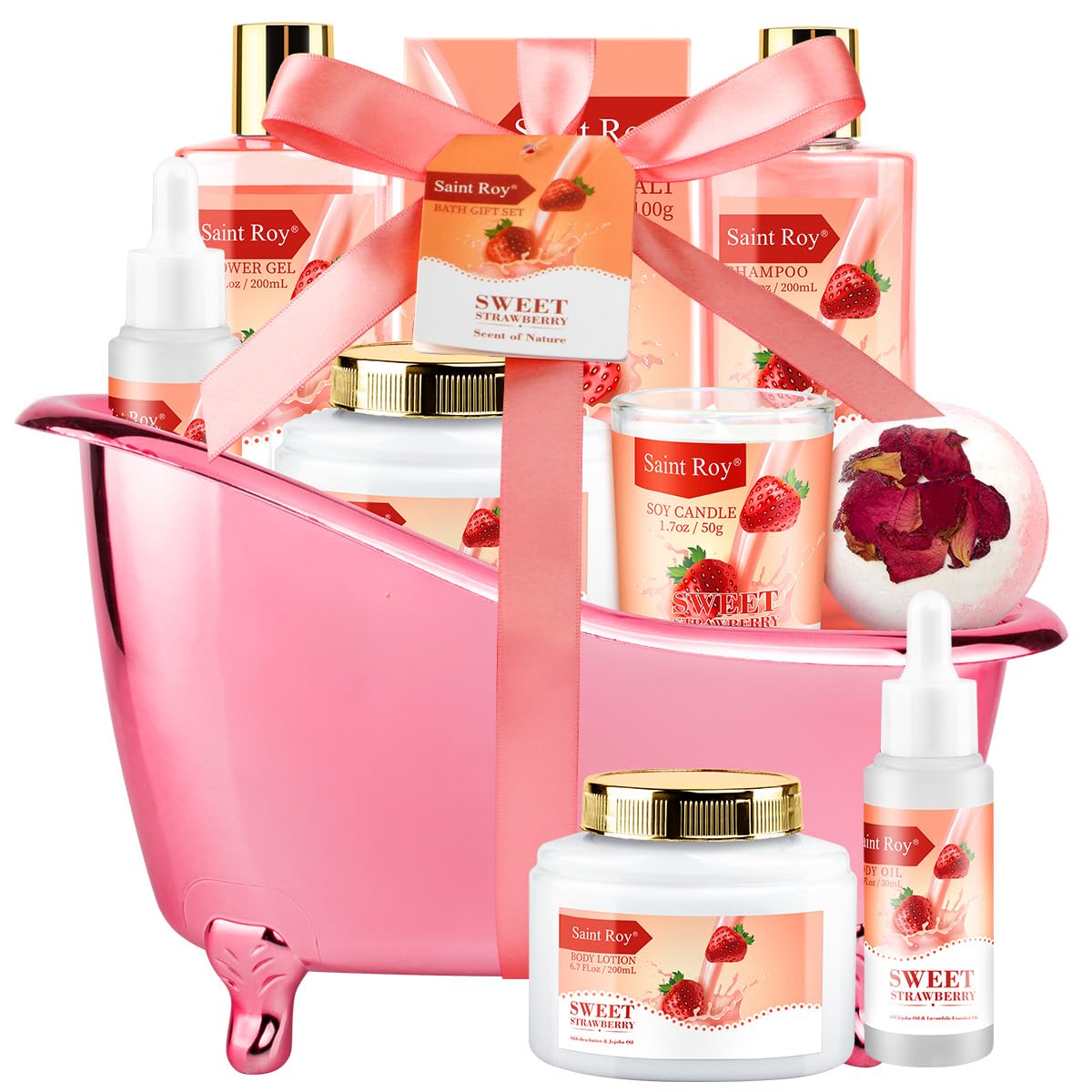 Spa Kit for Women, Bath & Body Gift Set, Luxury Home Spa Bath Gift Basket, Strawberry Scented Bath Set Christmas Gifts for Women, Pamper Gifts for Girls & Teens, Birthday Gift, Bath Self Care Gift