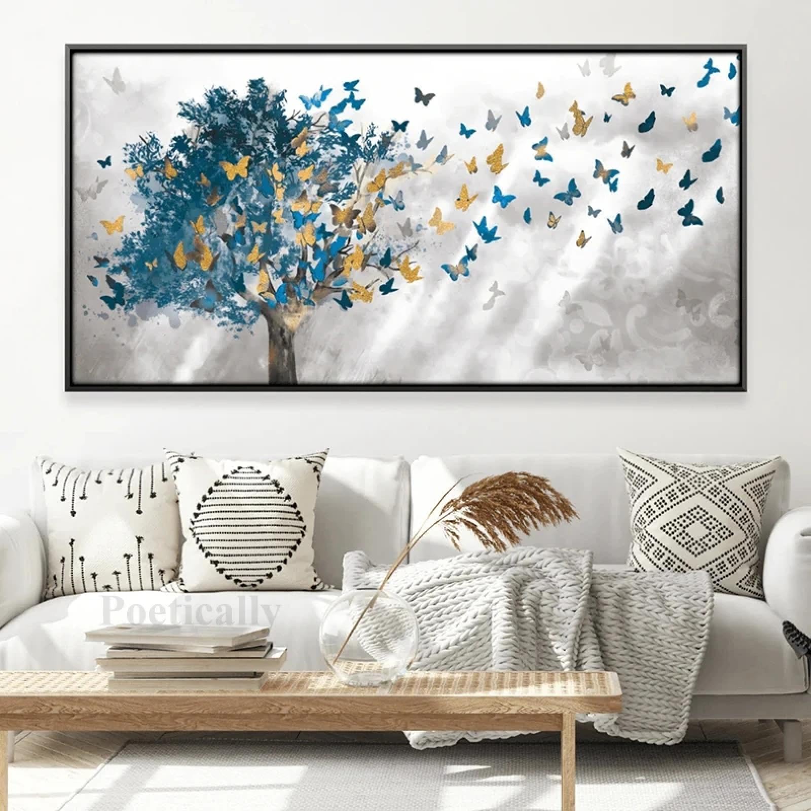 KQZVCU Pintura abstracta en lienzo de hojas de árbol de mariposa, carteles e impresiones artísticos de pared, imágenes para la decoración del hogar de la sala de estar, 40x80cm con marco