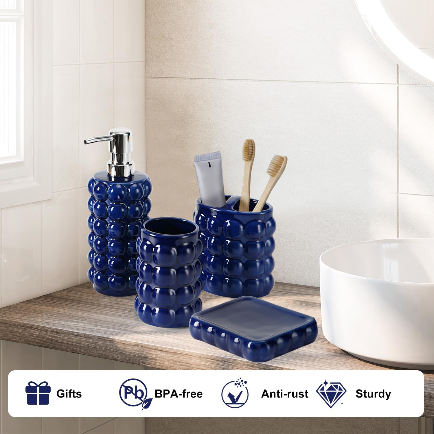 4 Piece Ceramic Bathroom Accessories Set –Soap Dispenser,Toothbrush Holder,Tumbler & Soap Dish,Includes Silicone Funnel,Non-Slip,Modern Farmhouse Countertop Organizer Set for Bathroom Decor, Navy Blue