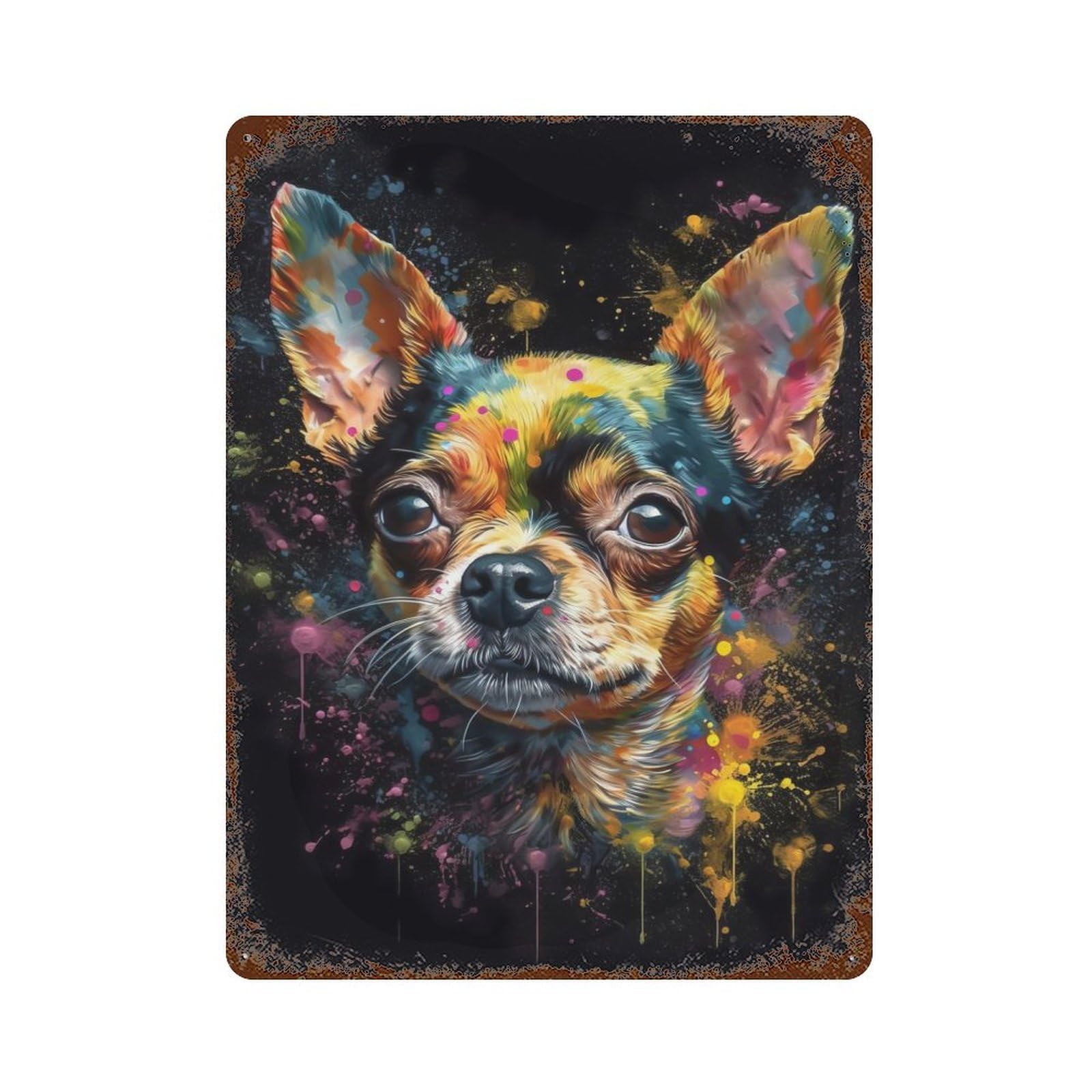 Chihuahua Painting Vintage Wall Sign 15.7"x11.8", Rust Effect Metal Decor for Office, Studio And Wall Decor