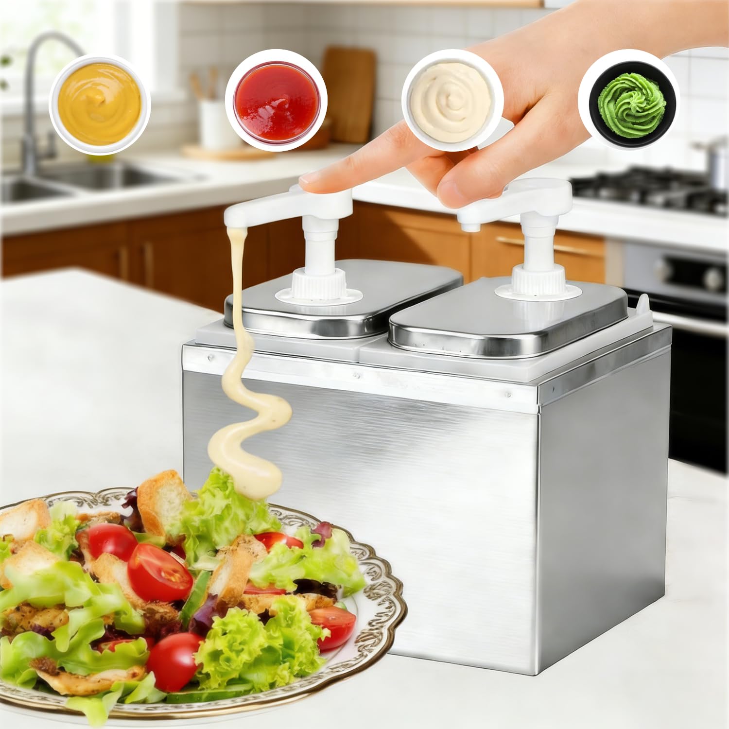 Dosatore per salse da 4 l, con 2 teste di pompa, in acciaio inox, 30 ml per pompa, 2 dosatori da 2 l, per ketchup, maiono, miele, gastro