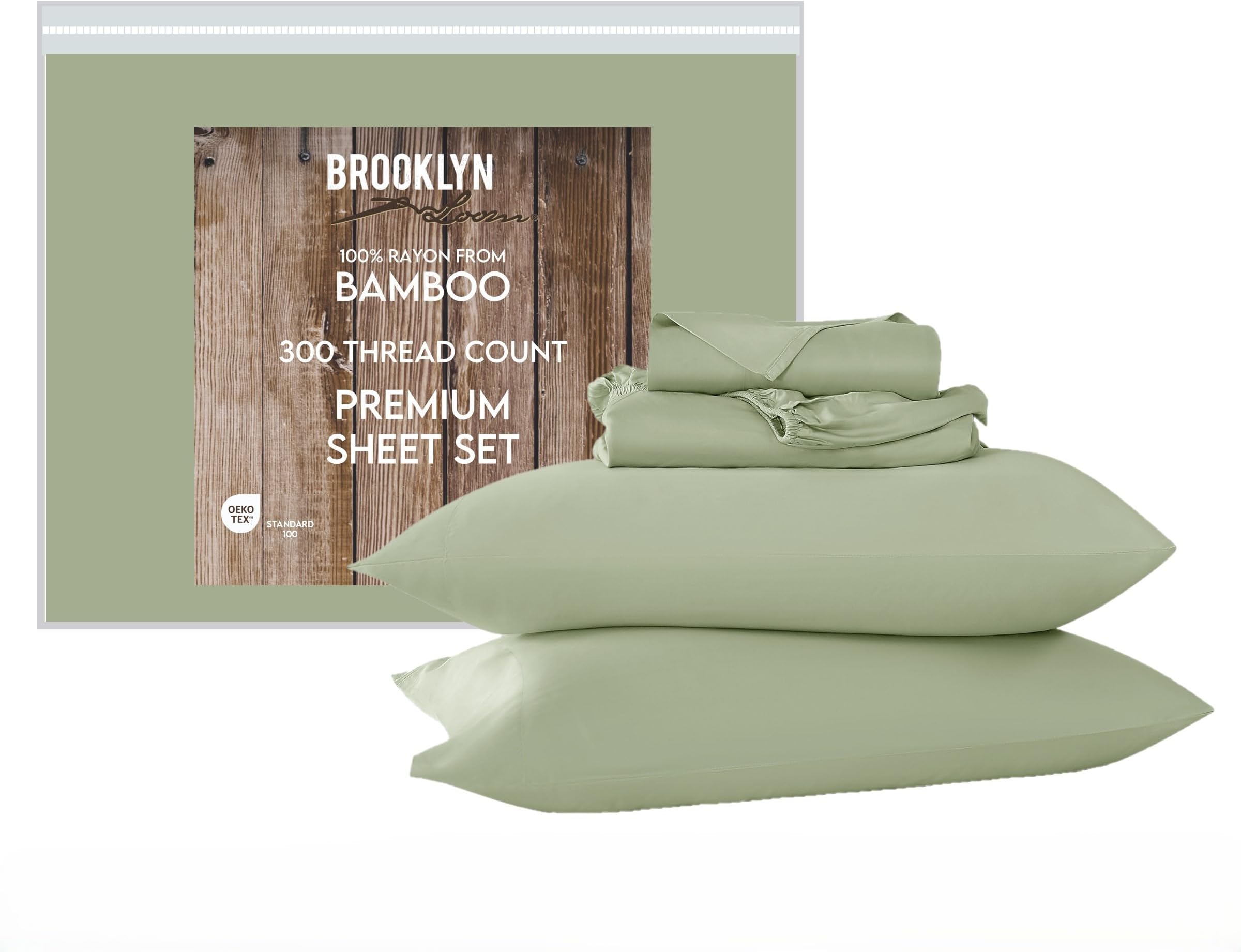 Brooklyn Loom 300 Thread Count Sateen 100% Rayon from Bamboo Deep Pocket 4 Piece Queen Sheet Set in Green, All Season, Adult Size, Oeko-TEX Certified