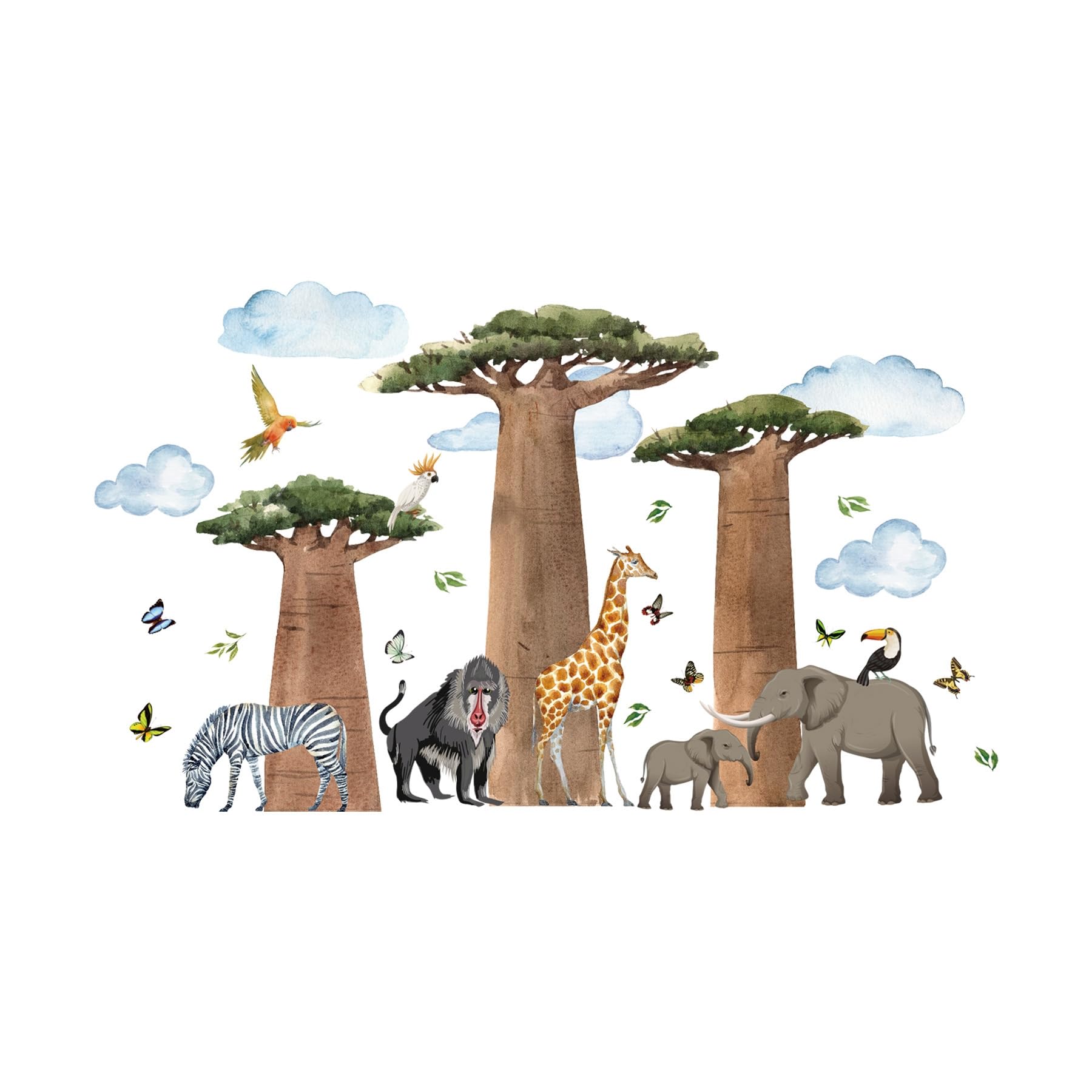 Zestaw naklejek ściennych ze zwierzętami safari, afrykańskie baobaby z dziką przyrodą, duży rozmiar 118 x 70 cm, naklejki do pokoju dziecięcego w stylu akwareli