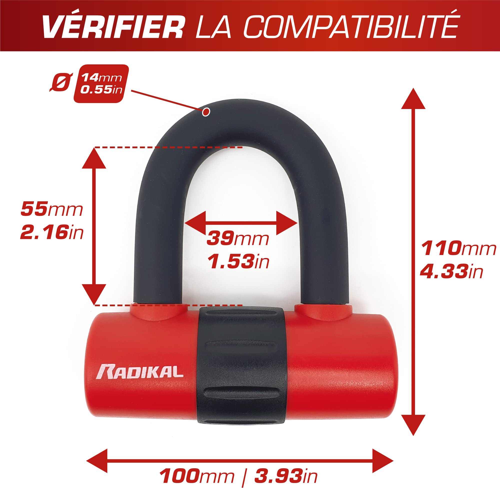RADIKAL RK72120L Bloque Disque Mini U, Chaîne Moto Antivol, ø10mm 120cm, Boucle, Chaine Antivol Acier Cémenté, Boucle, Ancrage Parking, Verrouillage Sécurité Scooter, Blocage Vélo Électrique