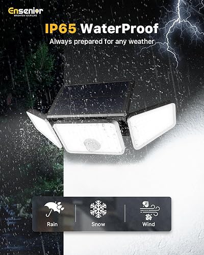 Miniatura 6 de Ensenior Luces para exteriores con sensor de movimiento, 220 LED IP65, luz de seguridad solar impermeable con control remoto, 3 cabezales de luz