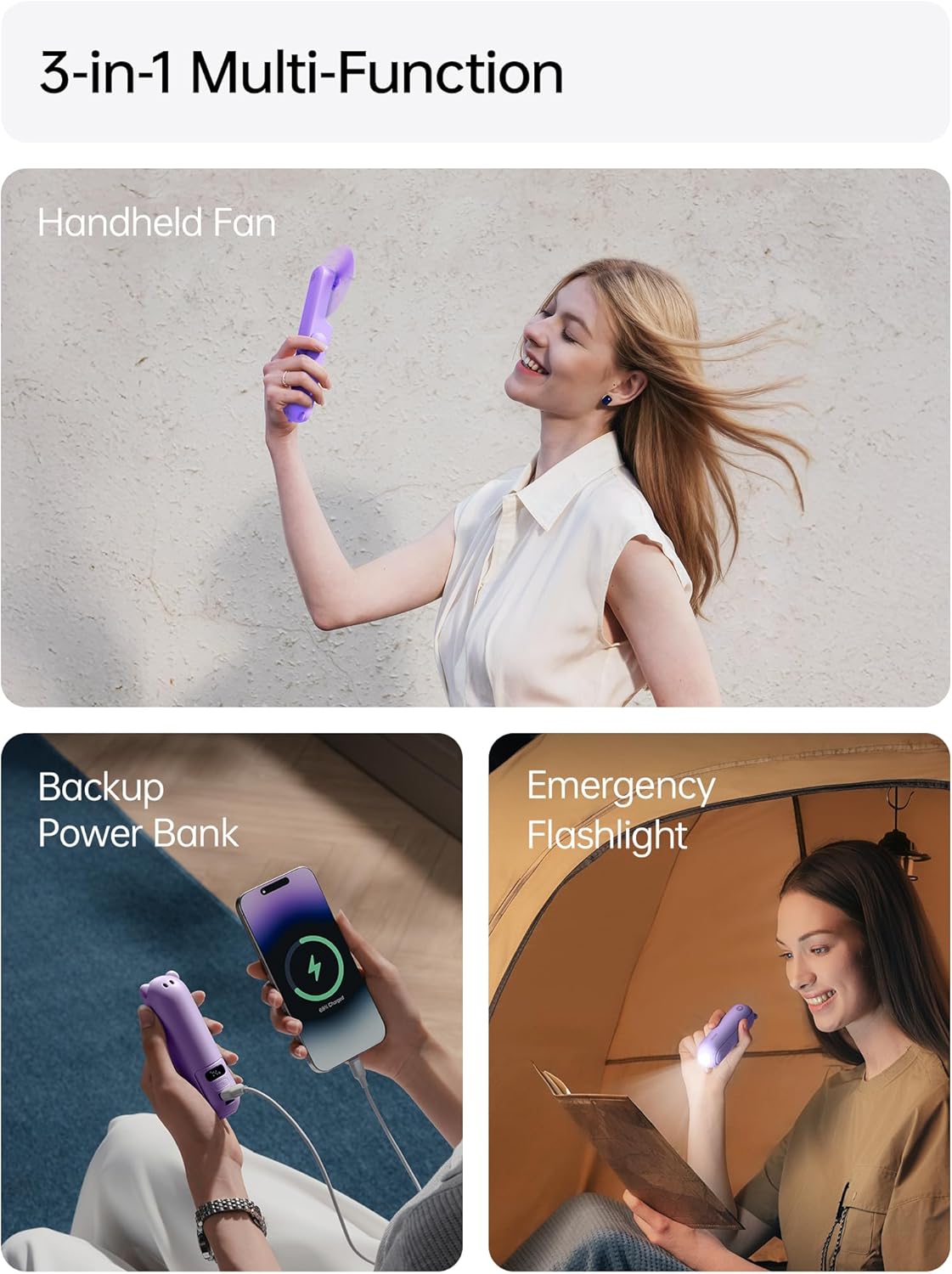 JISULIFE Handheld Travel Fan, Upgraded Mini Portable Fan with Up to 24 Working Hours for Long-term Outdoor Cooling, Combines Power Bank and Flashlight, Used for Summer, Cruise, Concert, Lash-Purple