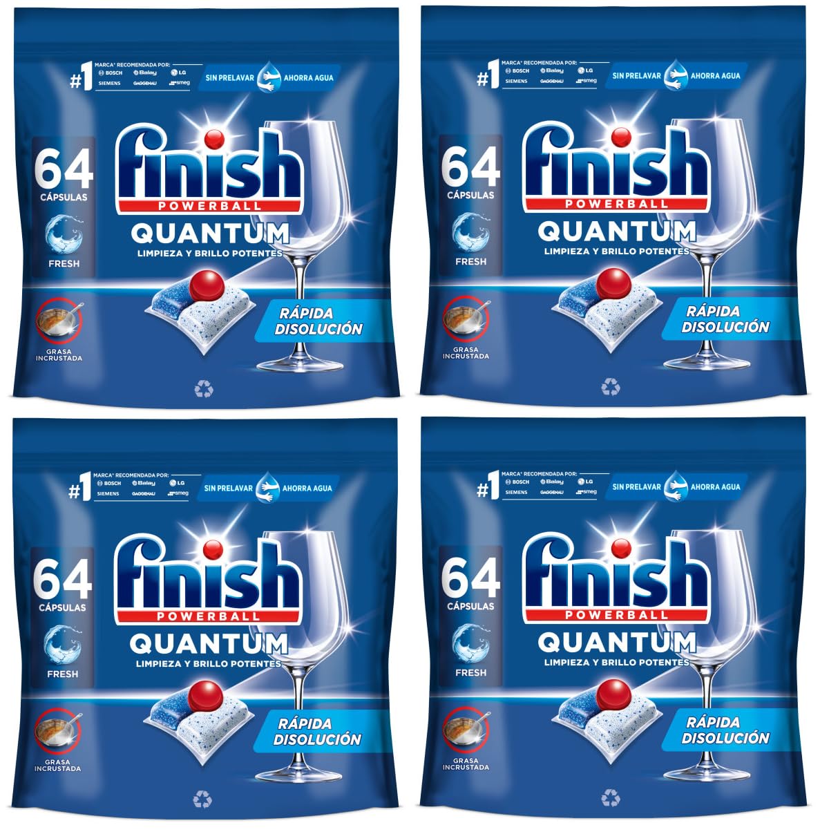 Finish Powerball Quantum Limpieza y Brillo Potentes, Pastillas para lavavajillas, aroma Regular, 256 pastillas