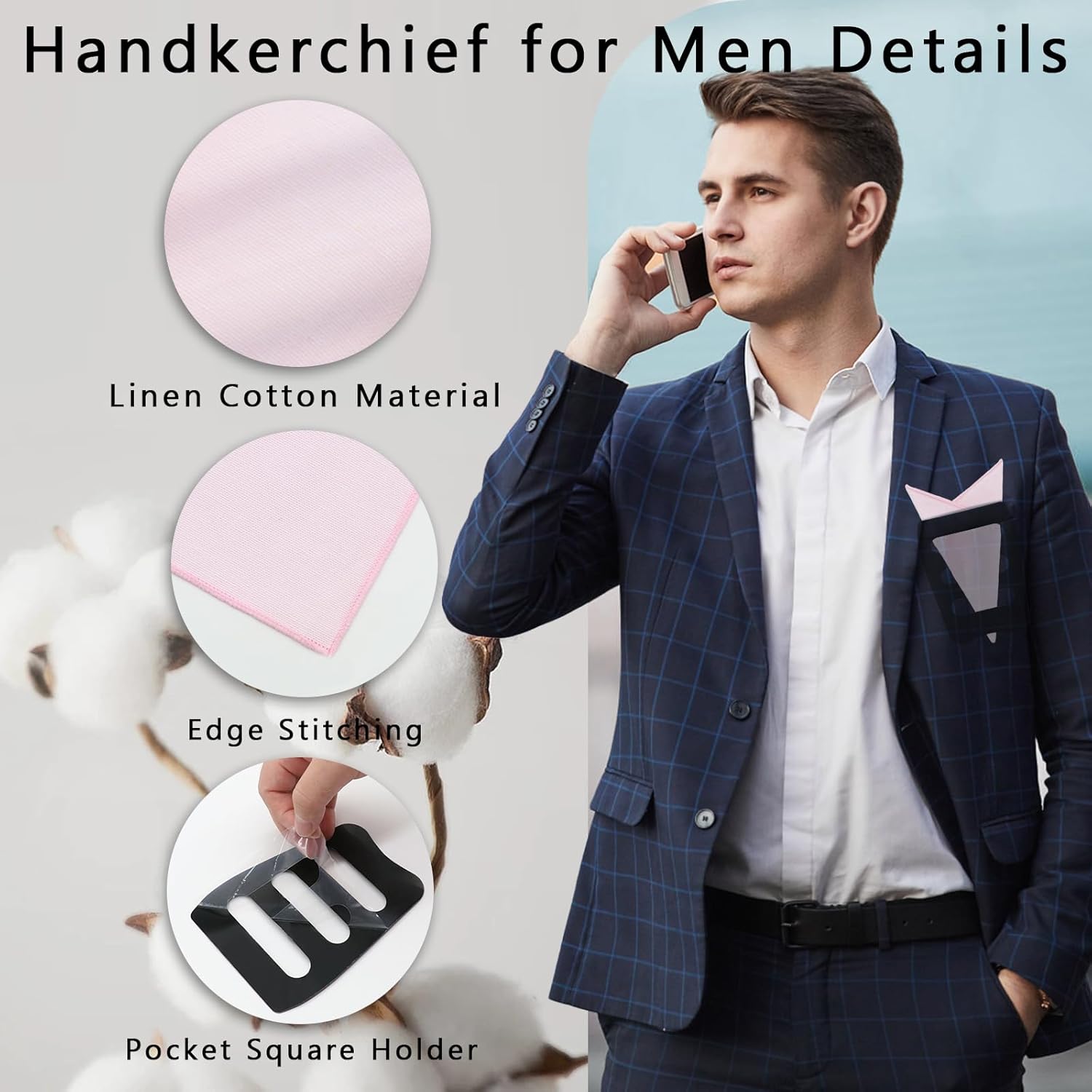 White Pocket Squares for Men, Mens Linen Cotton Handkerchiefs with Pocket Square Holder for Daily Wedding Banquet - Image 3