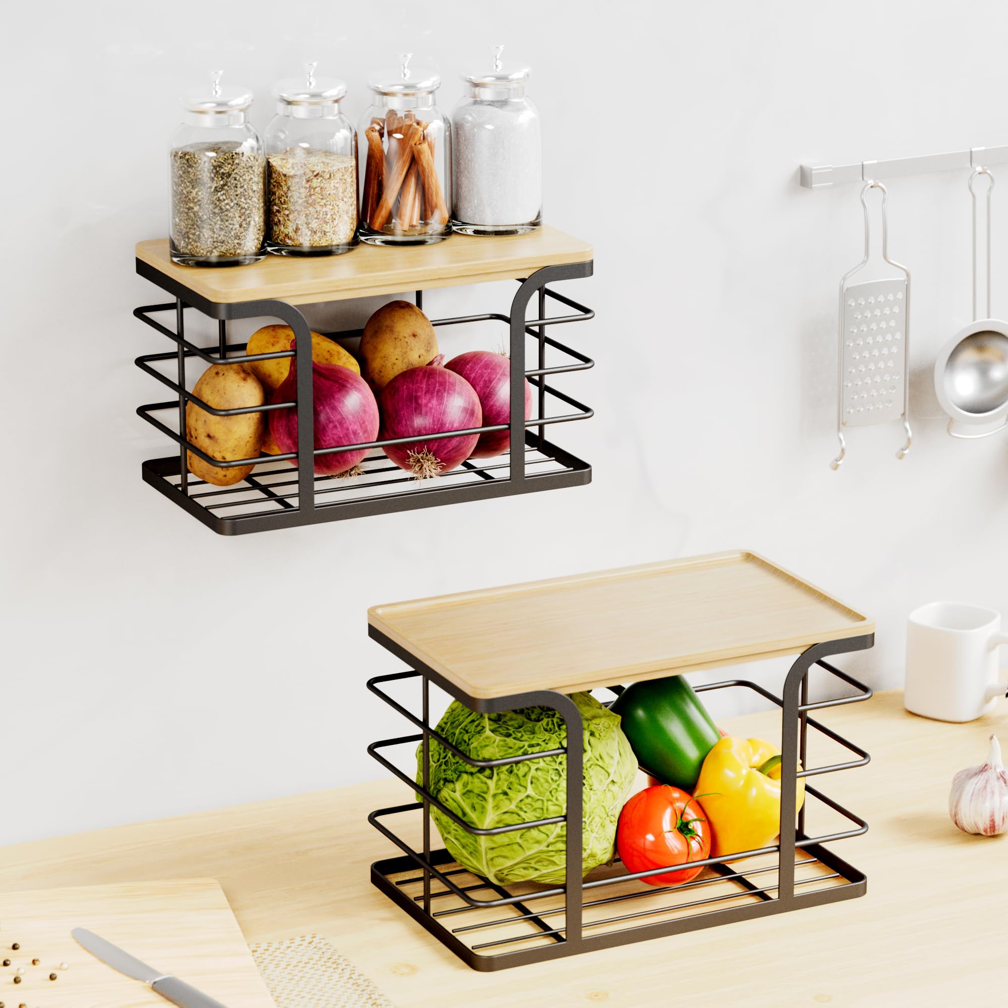 Paquete de 2 organizadores apilables de almacenamiento para cocina, lavandería, despensa, soporte para bolsas de basura con parte superior de bambú, dispensador de bolsas de basura de