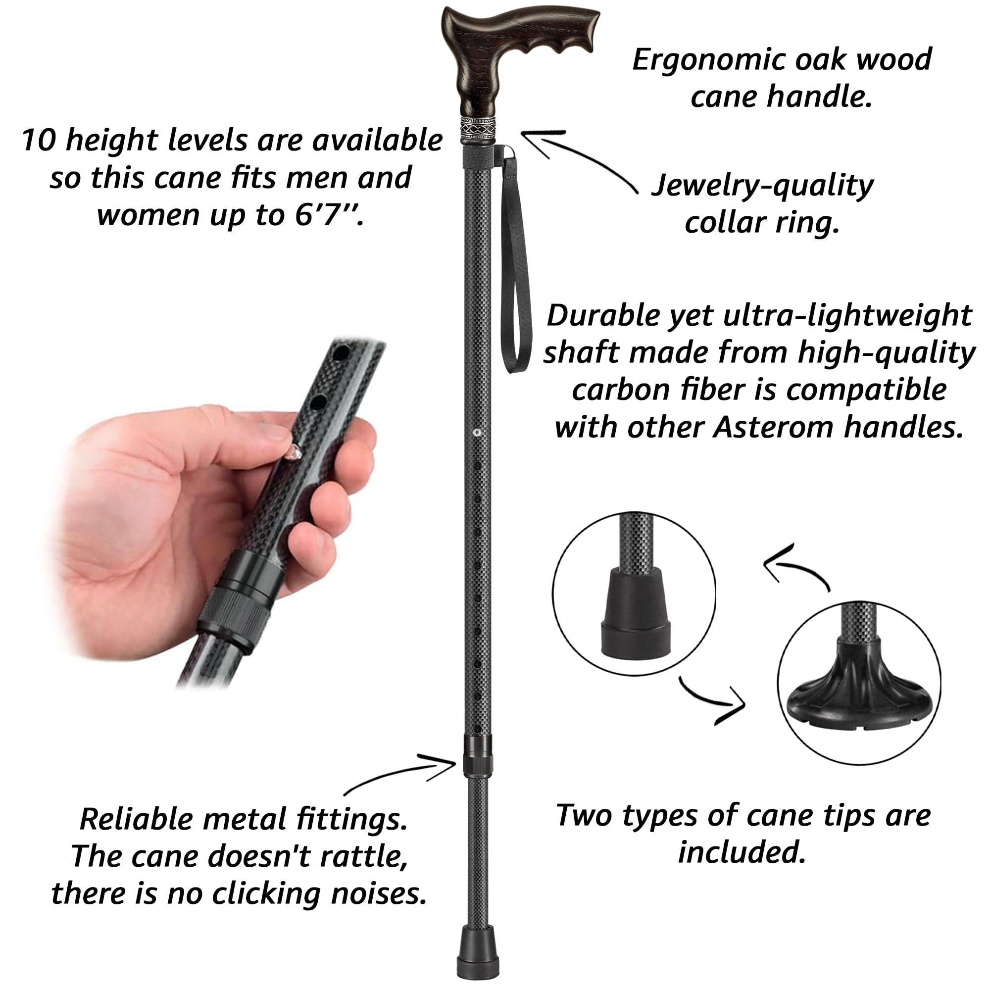 Asterom Bastón ajustable de carbono para hombres y mujeres, mango ergonómico de madera hecho a mano con eje ligero de fibra de carbono