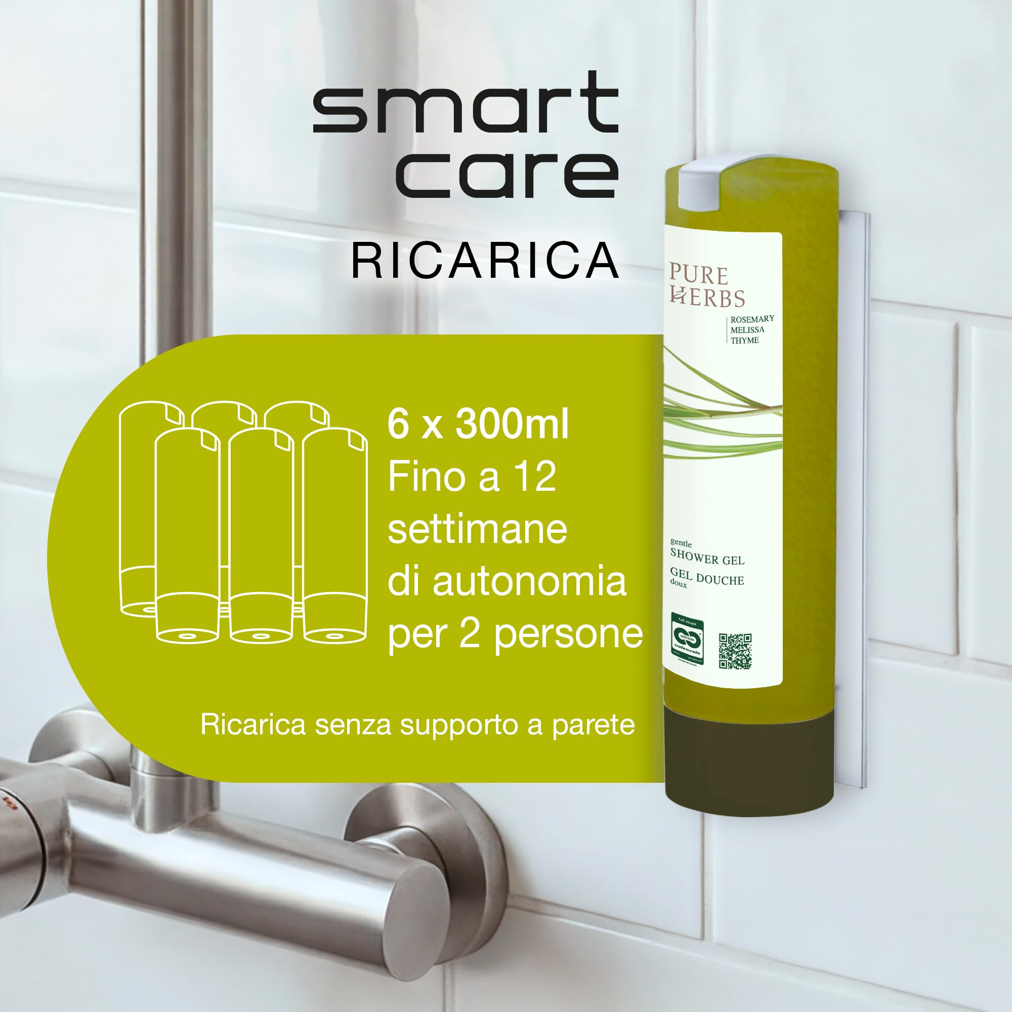 ADA Cosmetics Gel doccia vegano con melissa, timo e rosmarino, ricarica per supporto da parete Smart Care, idratante e idratante, profumo di erbe, Pure Herbs, Made in Germany, 6 x 300 ml