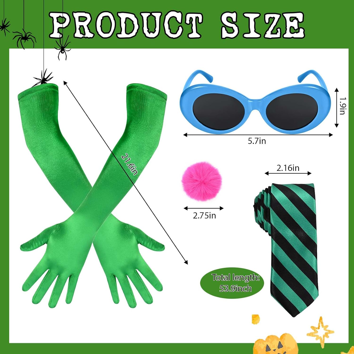 6 Pcs Halloween Book Character Costume Accessories Glasses Long Gloves Pink Plush Brooch Striped Tie Mustache and Eyebrows for Halloween Adult Men Cosplay Dress Up Outfits - Image 3
