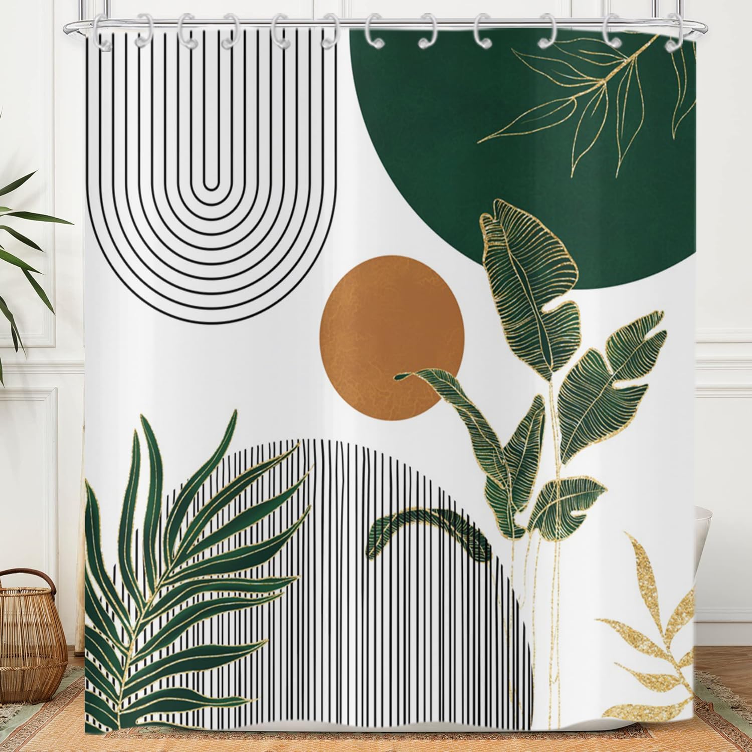 Hnmdmyi Boho Shower Curtain 180x240, Mid Century Abstract Green Leaves Modern Sun Minimalist Aesthetic Geometric Neutral Bathroom Shower Curtains Waterproof Polyester Fabric Washable Bath Curtains