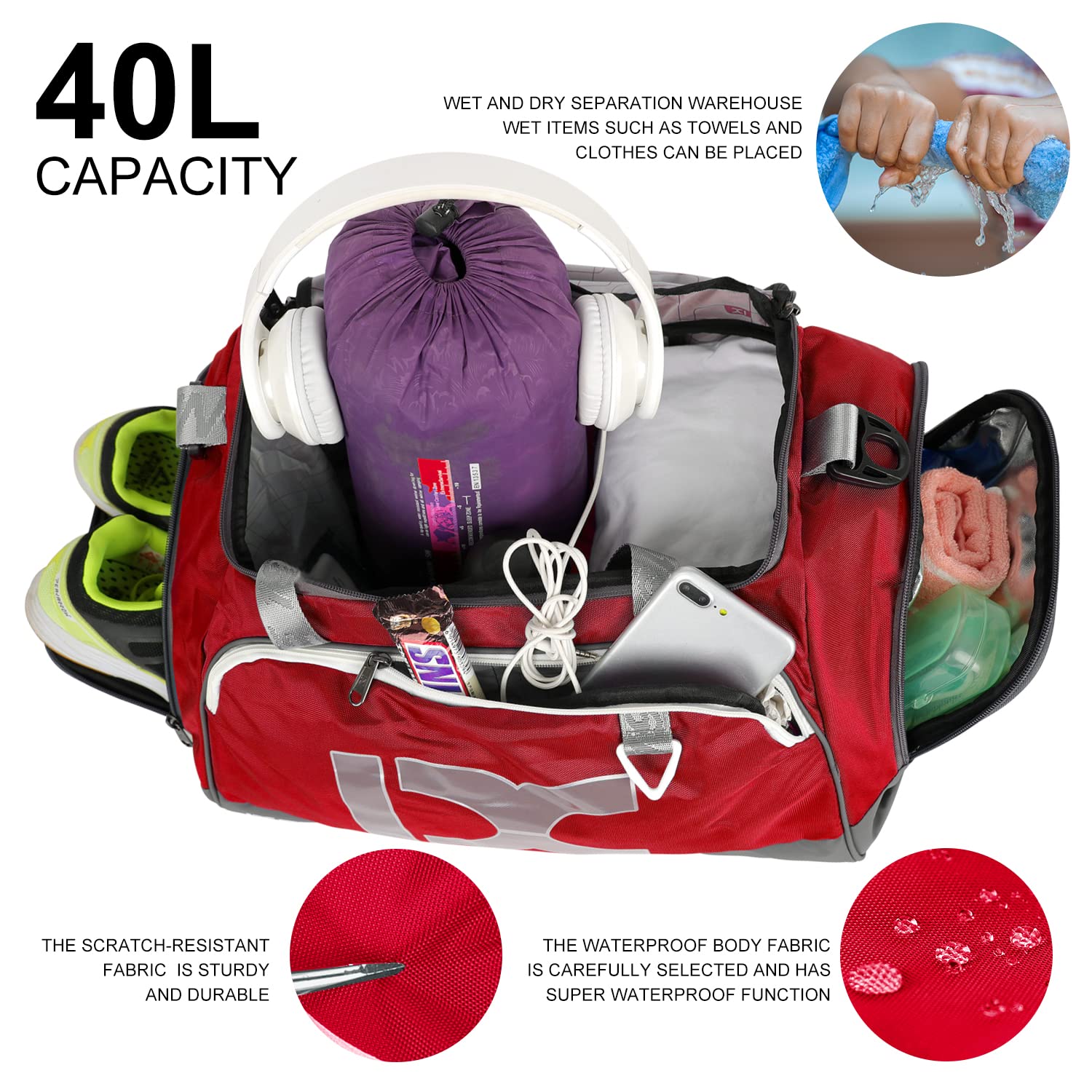 INOXTO - Bolsa deportiva de viaje para gimnasio, con bolsillo seco y húmedo y compartimento para zapatos, para mujeres y hombres, 40 L/55 L, impermeable, bolsa de fin de semana para natación, deportes