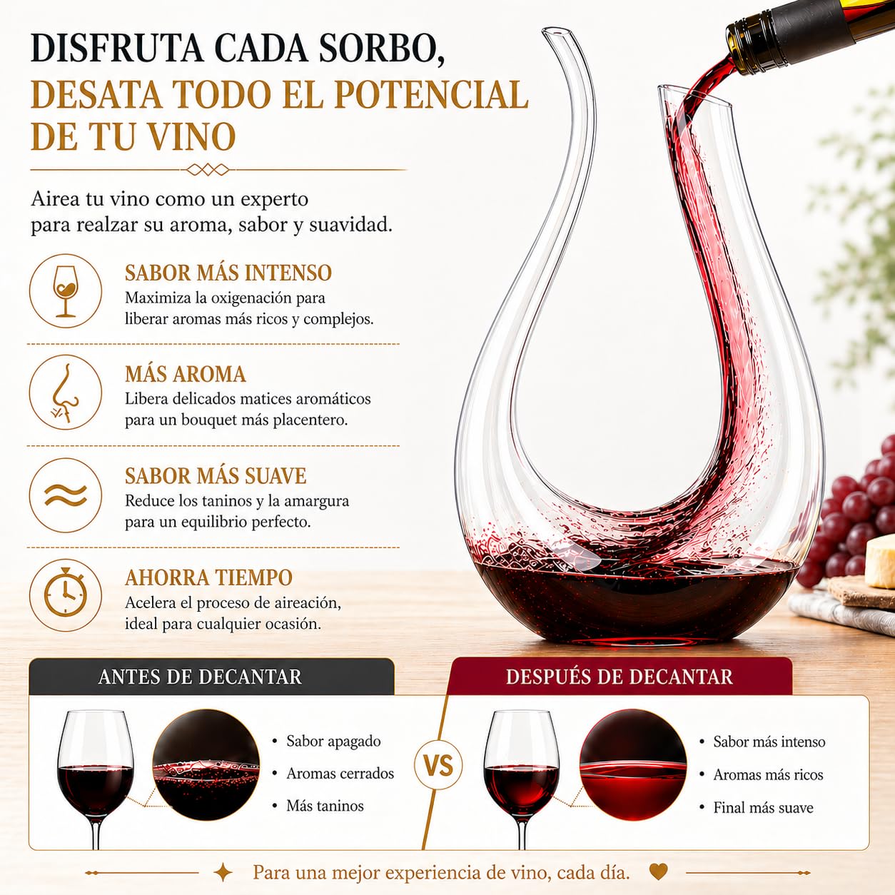 Decantador de vino, 100% sin plomo, en forma de U, hecho de cristal soplado a mano, 1,5 l