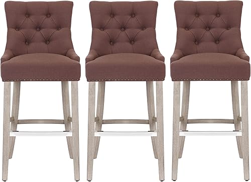 Vista 10 de WestinTrends Hayes Hayes - Taburete de bar tapizado de madera de 24 pulgadas con respaldo copetudo (juego de 3), color marrón