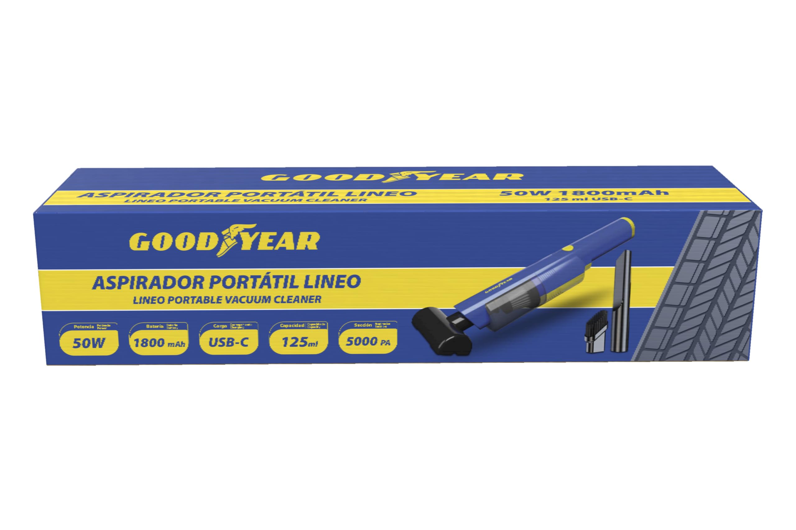 Goodyear Lineo Aspirador Portátil sin Cable para Coche, Hogar u Oficina. Motor 50W con Succión de 5.000Pa, Batería 1800mAh, Carga USB-C. Depósito 125 ml, Diseño Compacto y Silencioso