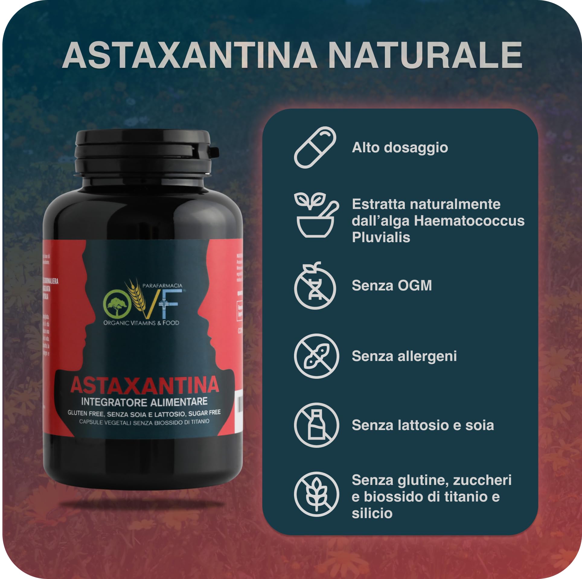 OVF, astaxanthine hautement dosée, 8 mg par capsule, antioxydant naturel de Haematococcus Pluvialis, végétalien et fabriqué en Italie, 90 gélules d'astaxanthine pendant 3 mois, protection contre le