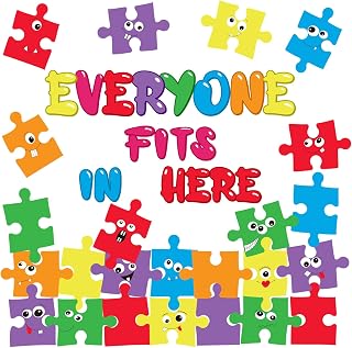 FYSUIMU 42Pcs Puzzles Pieces Bulletin Board Decoration Set Everyone Fits in Here Paper Cutouts with 100Pcs Glue Points for Back to School Party Classroom Chalkboard Wall