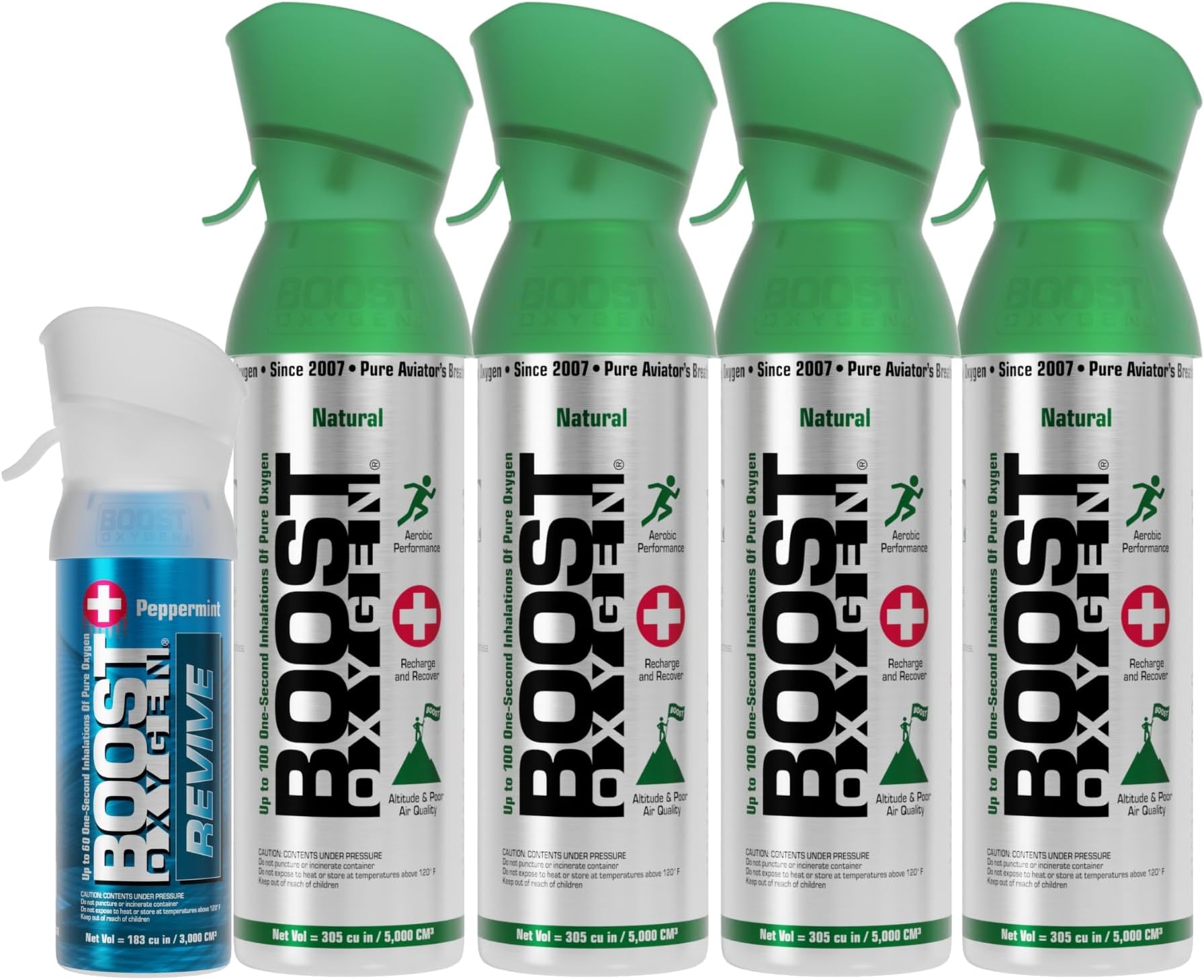 4 Piece 5 Liter Natural Flavor and 3 Liter Peppermint Canned Oxygen Bottle Boost Cans with Easy to Use Mouthpiece (5 Pack)