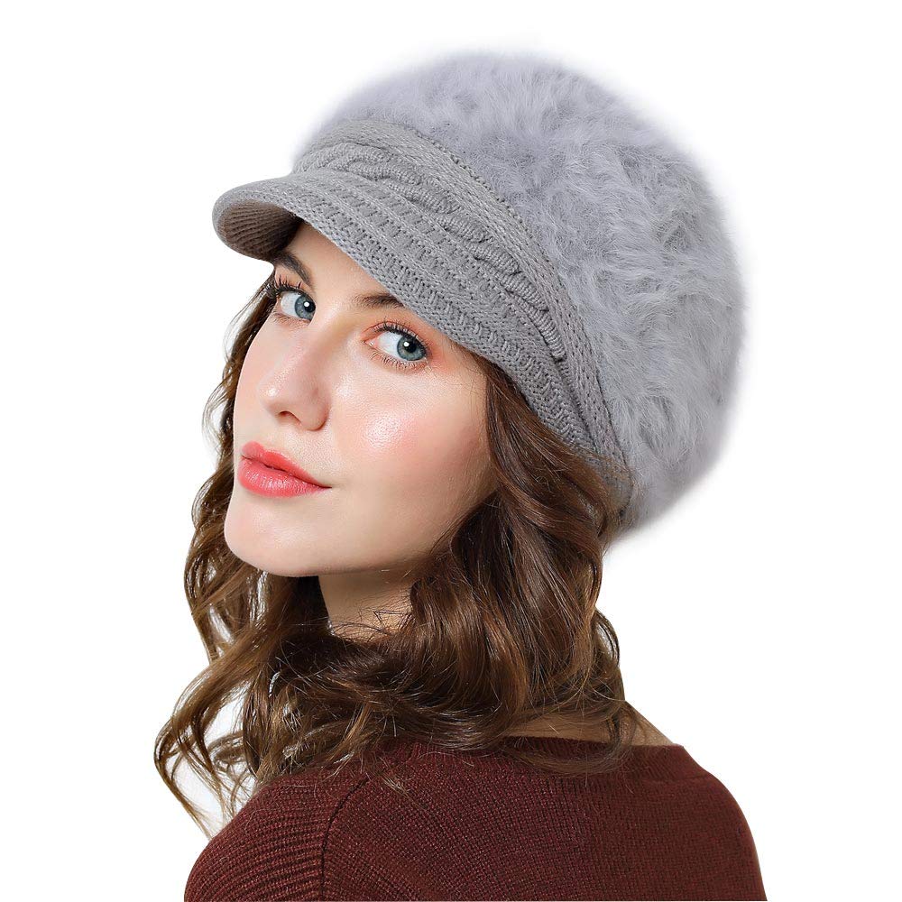 Lachi Ladies Winter Hat Beret Winter Hat for Women Knit Beanie Cabbie Cap Visor Warm Skullcap Knitted Ladies Cloche Gray